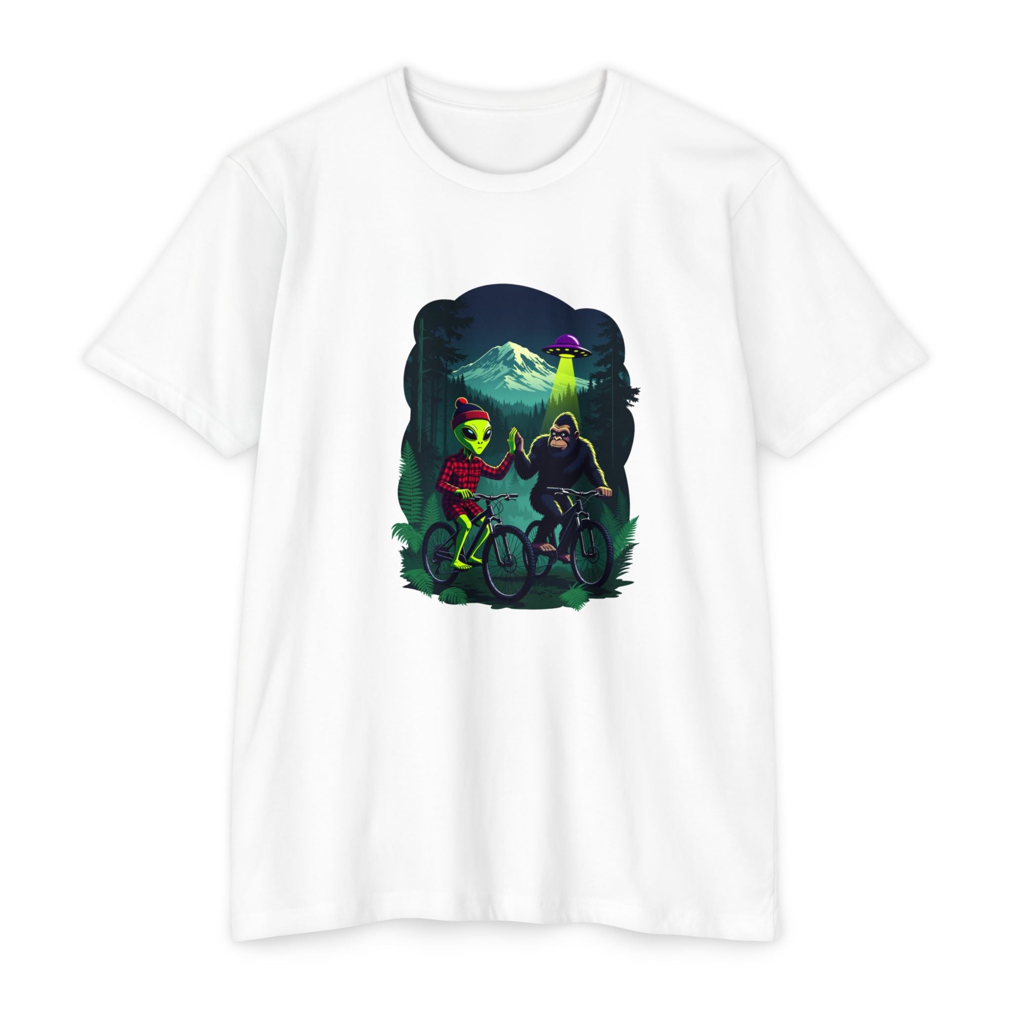 Alien & Sasquatch Night Ride T-Shirt — Retro UFO Biking Graphic Tee