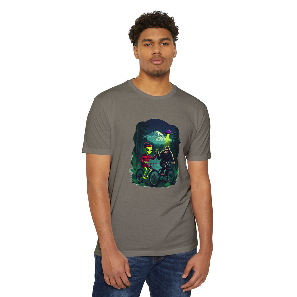 Alien & Sasquatch Night Ride T-Shirt — Retro UFO Biking Graphic Tee