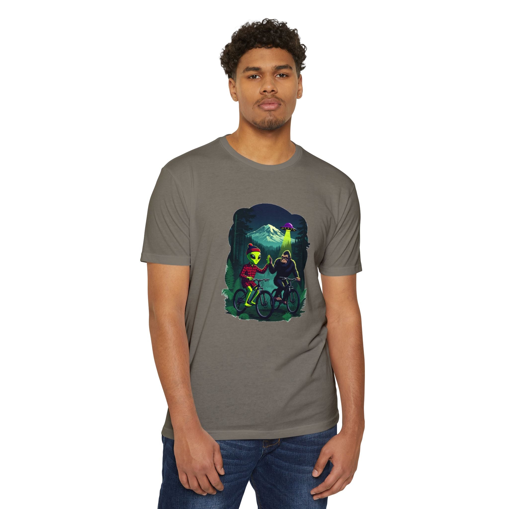 Alien & Sasquatch Night Ride T-Shirt — Retro UFO Biking Graphic Tee