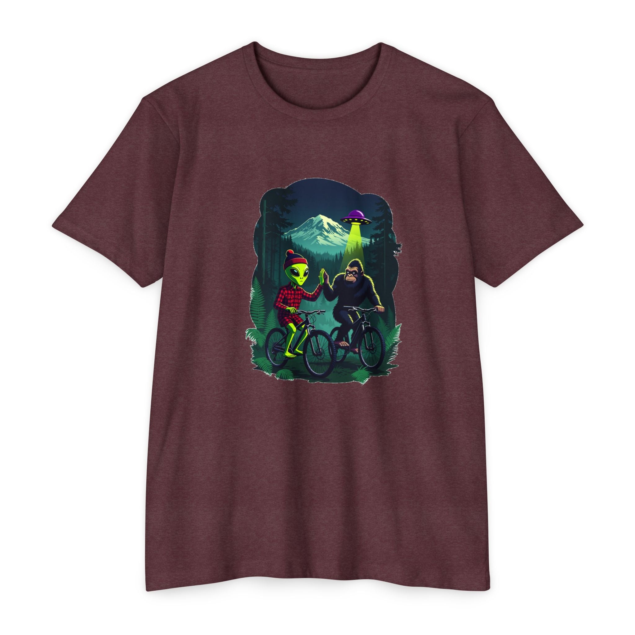 Alien & Sasquatch Night Ride T-Shirt — Retro UFO Biking Graphic Tee