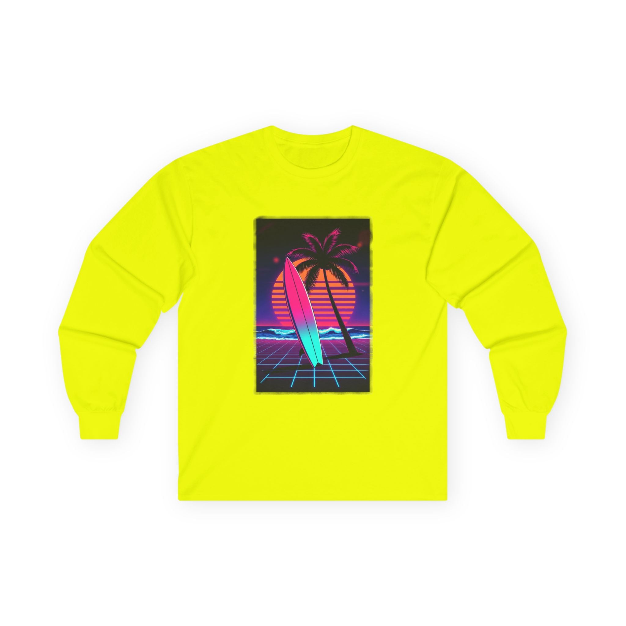 Retro Surf Long Sleeve Tee – Neon Palm Sunset Surfboard Graphic