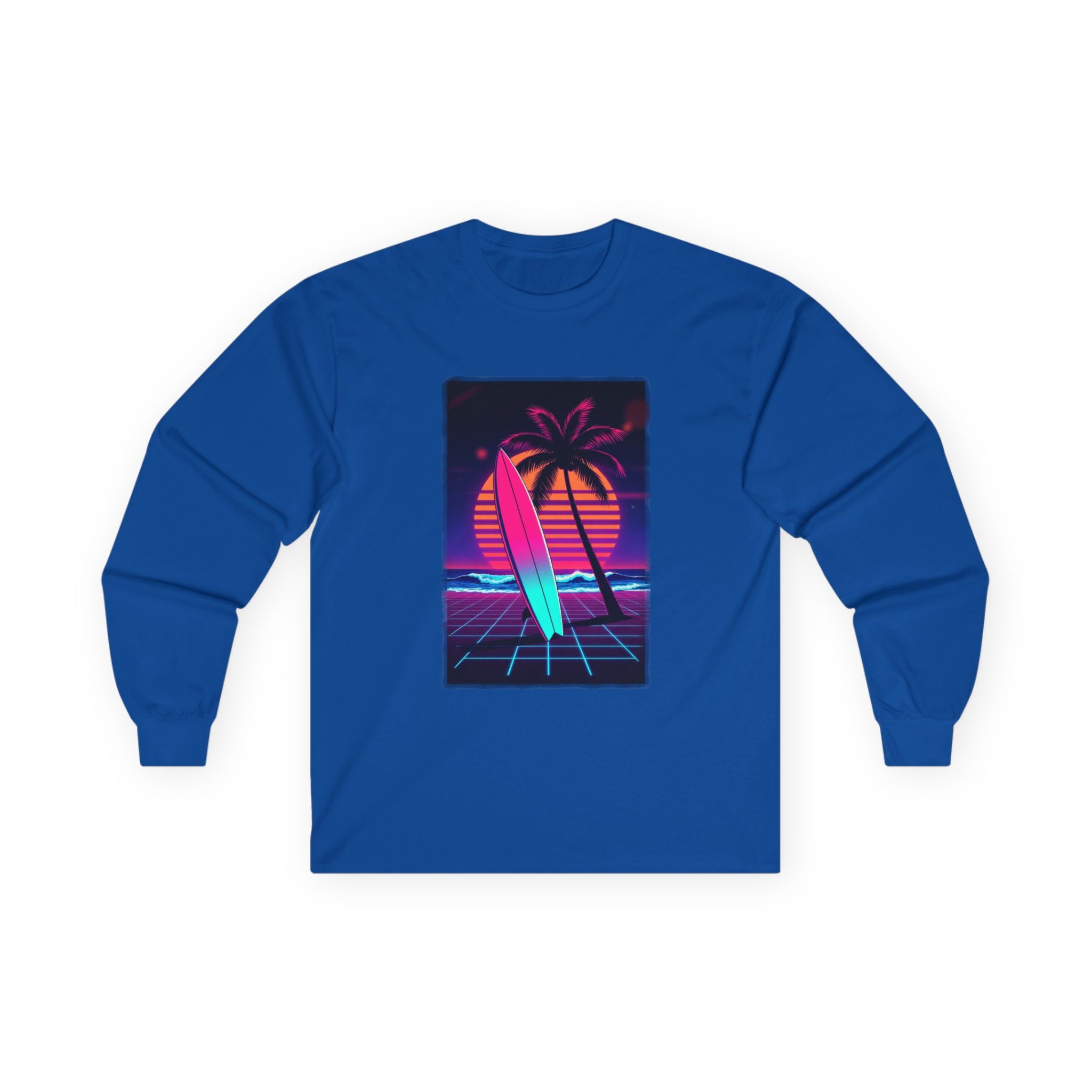 Retro Surf Long Sleeve Tee – Neon Palm Sunset Surfboard Graphic