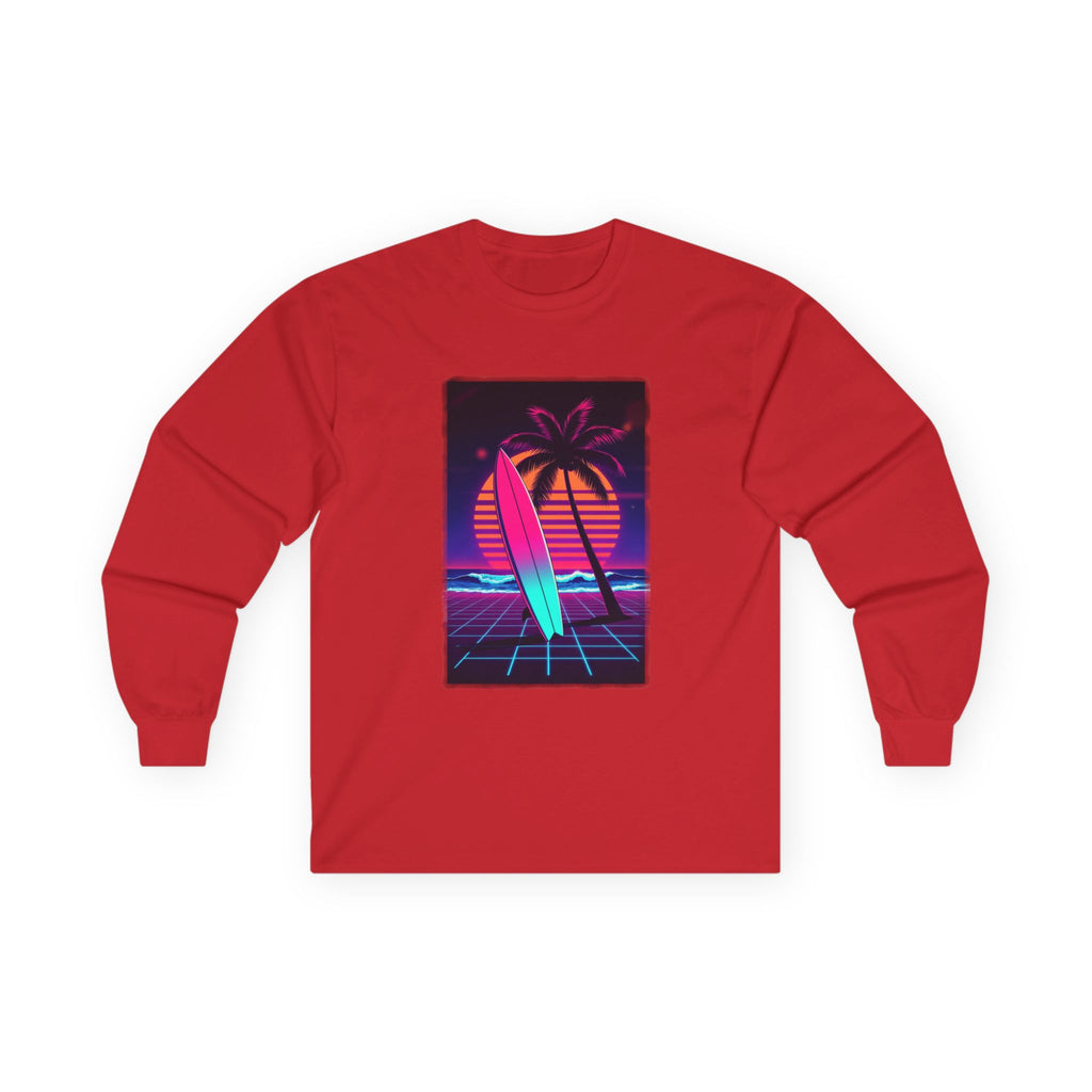 Retro Surf Long Sleeve Tee – Neon Palm Sunset Surfboard Graphic