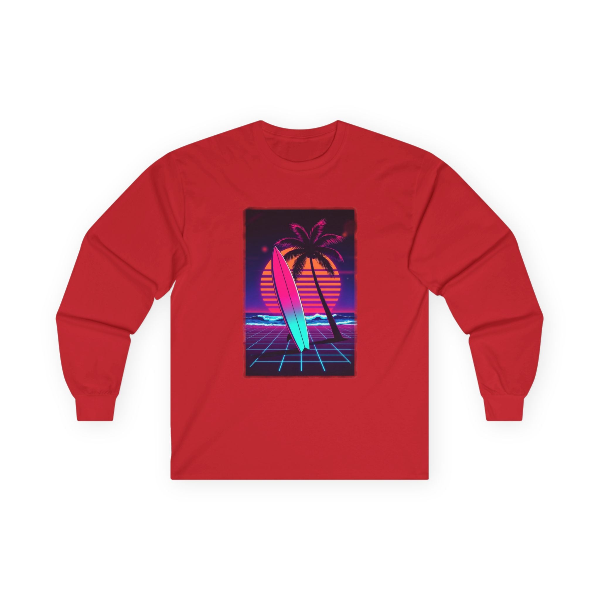 Retro Surf Long Sleeve Tee – Neon Palm Sunset Surfboard Graphic