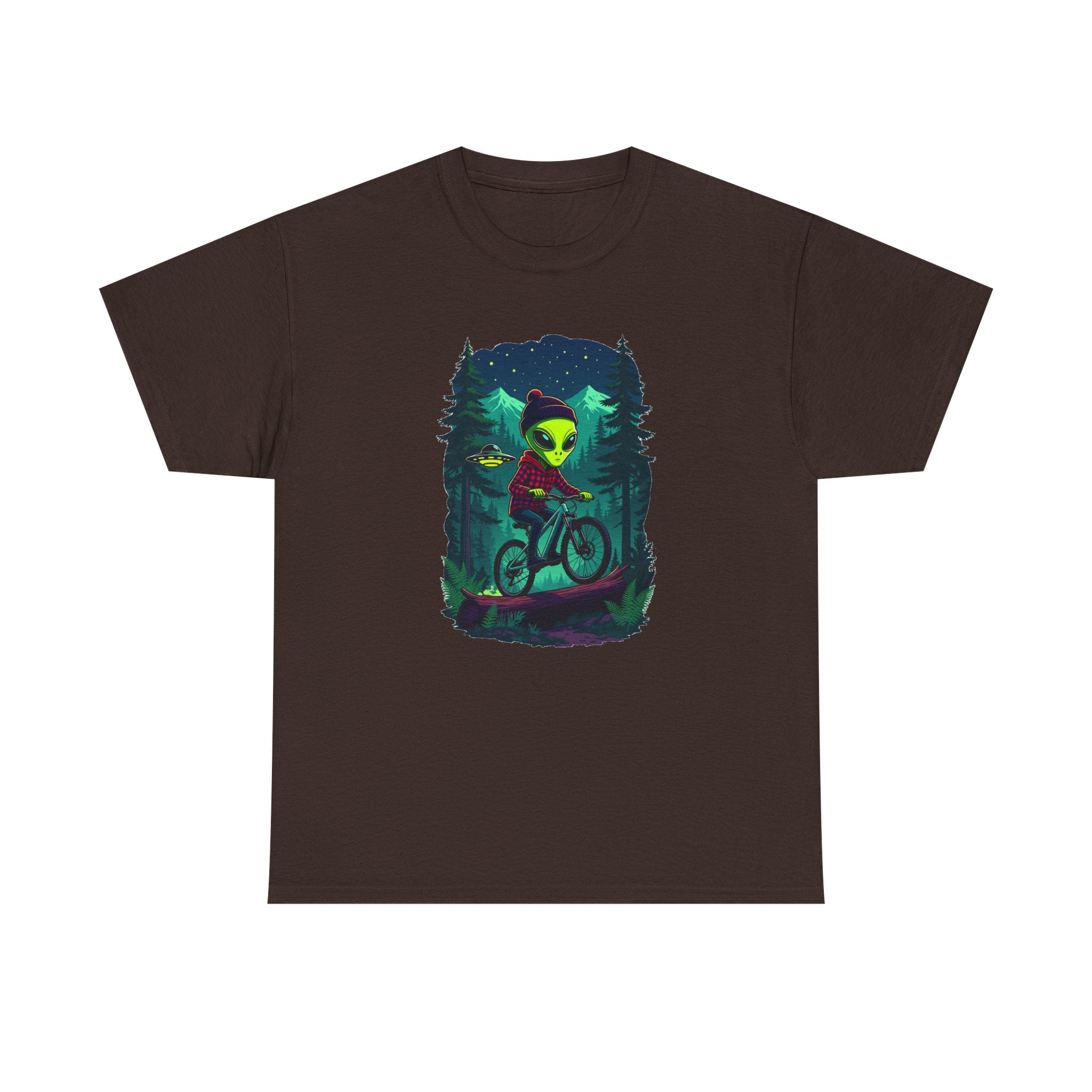 Alien Mountain Biking T-Shirt — Neon Forest Cyclist Graphic Tee