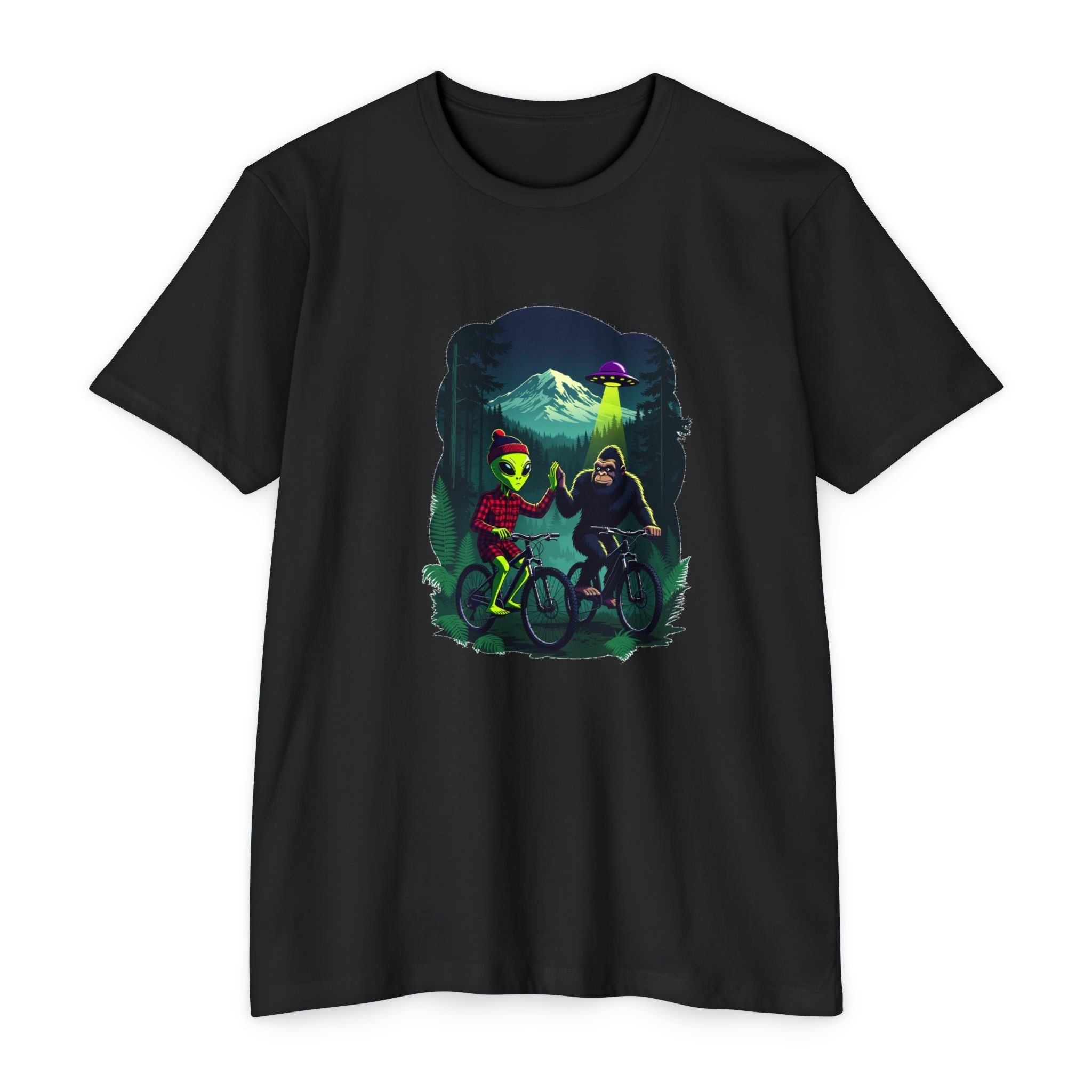 Alien & Sasquatch Night Ride T-Shirt — Retro UFO Biking Graphic Tee