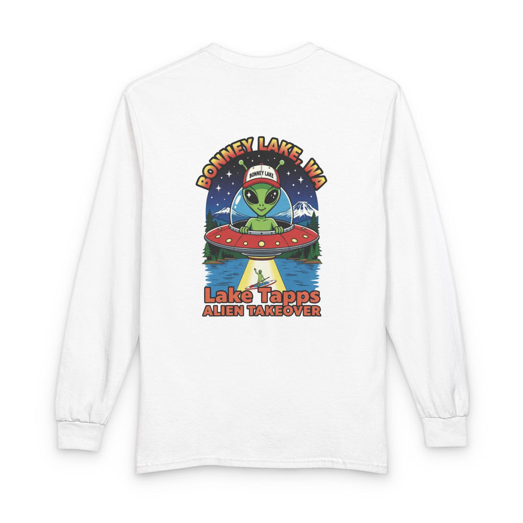 Alien UFO Long Sleeve T-Shirt — Donney Lake, WA "Lake Tapps Alien Takeover" Tourist Tee
