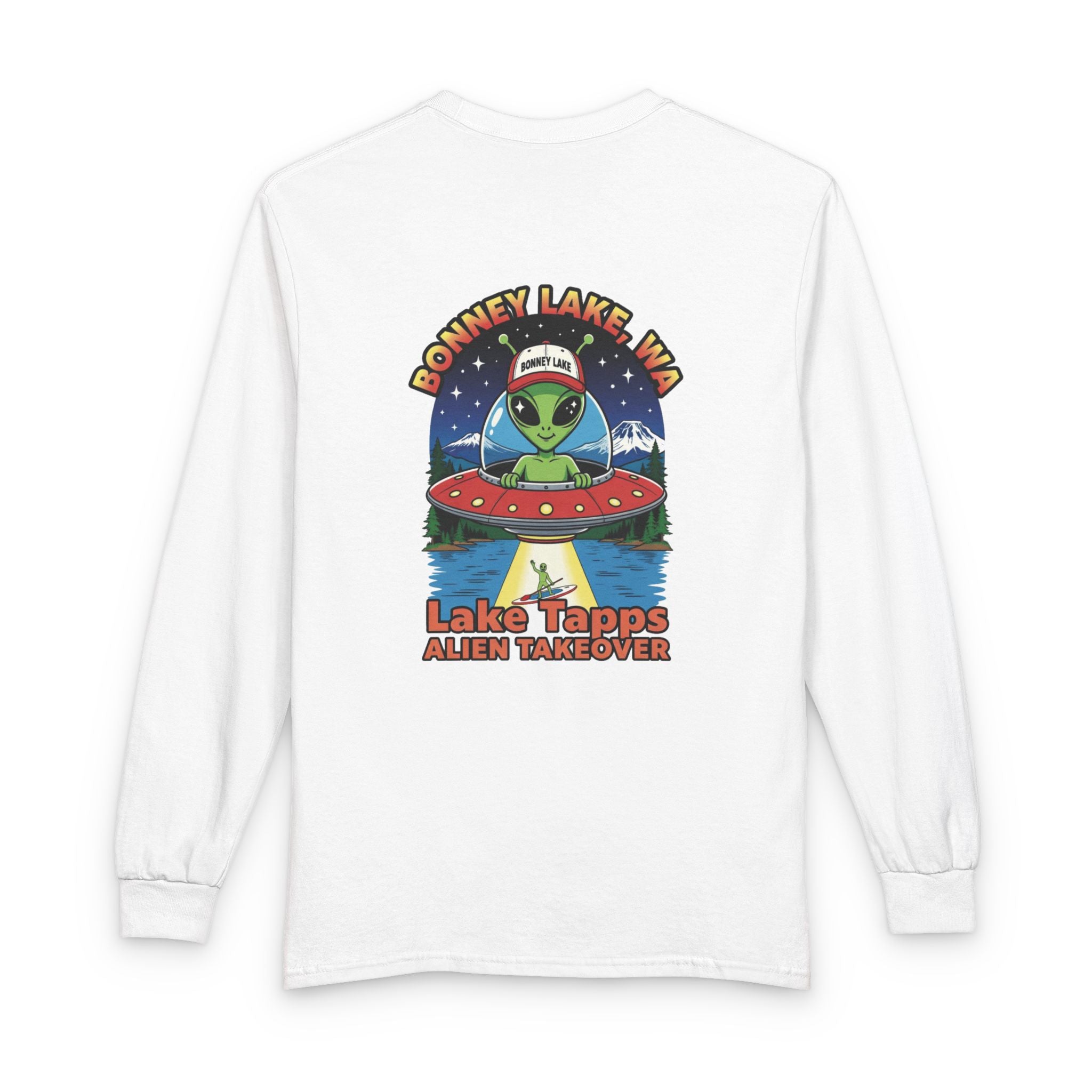 Alien UFO Long Sleeve T-Shirt — Donney Lake, WA "Lake Tapps Alien Takeover" Tourist Tee