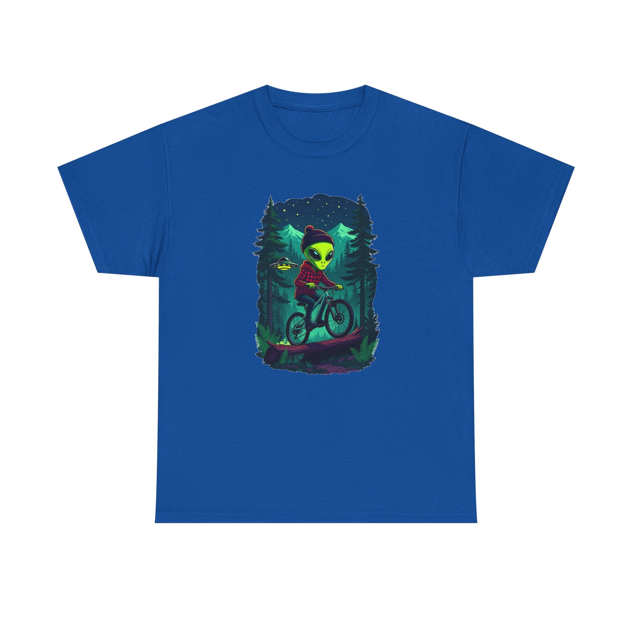 Alien Mountain Biking T-Shirt — Neon Forest Cyclist Graphic Tee