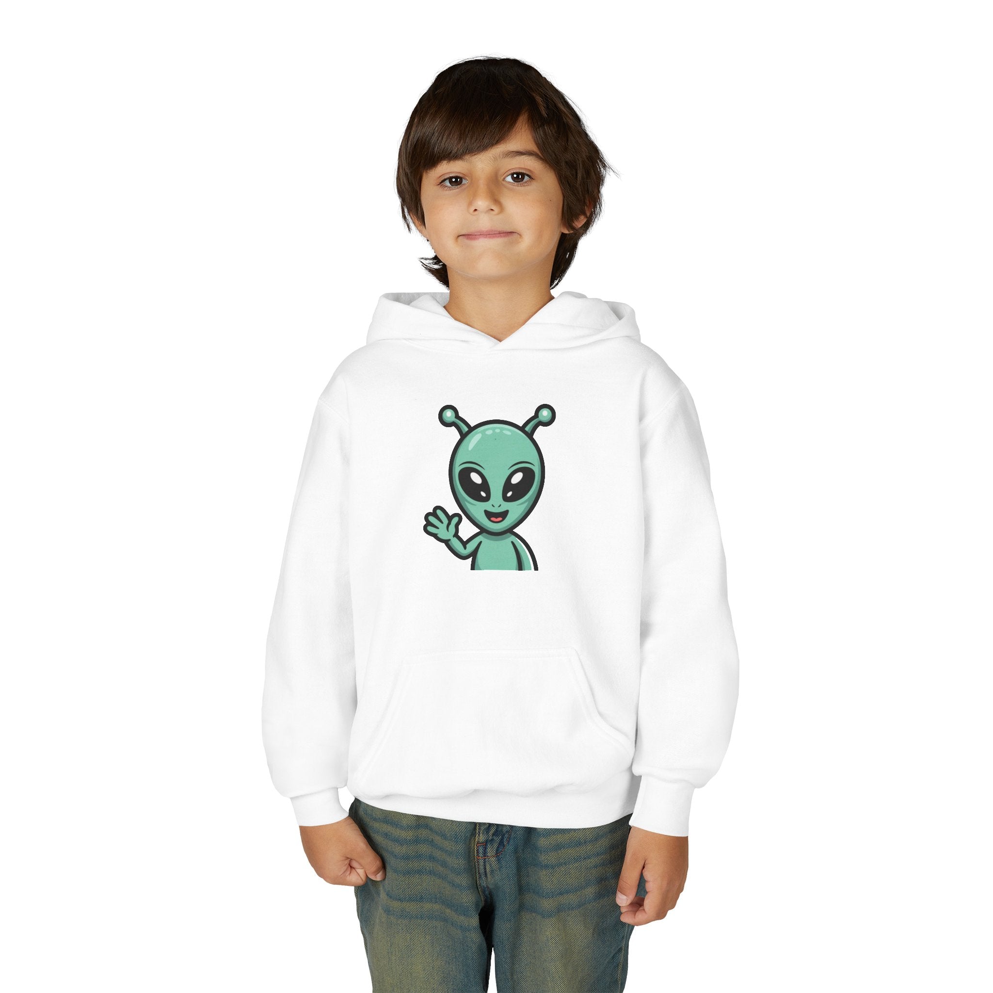 Youth Alien Hoodie – Cute Waving Green Alien Kids Sweatshirt