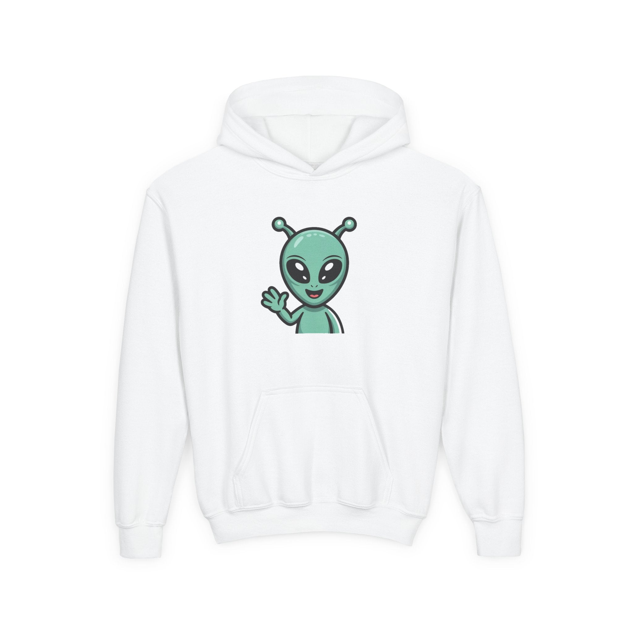 Youth Alien Hoodie – Cute Waving Green Alien Kids Sweatshirt