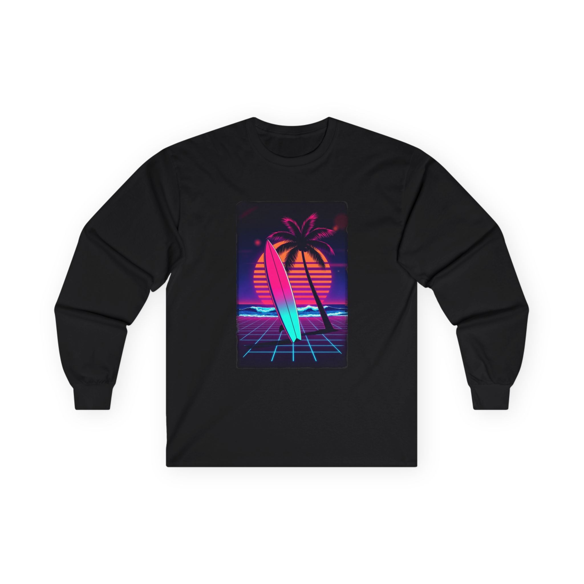 Retro Surf Long Sleeve Tee – Neon Palm Sunset Surfboard Graphic