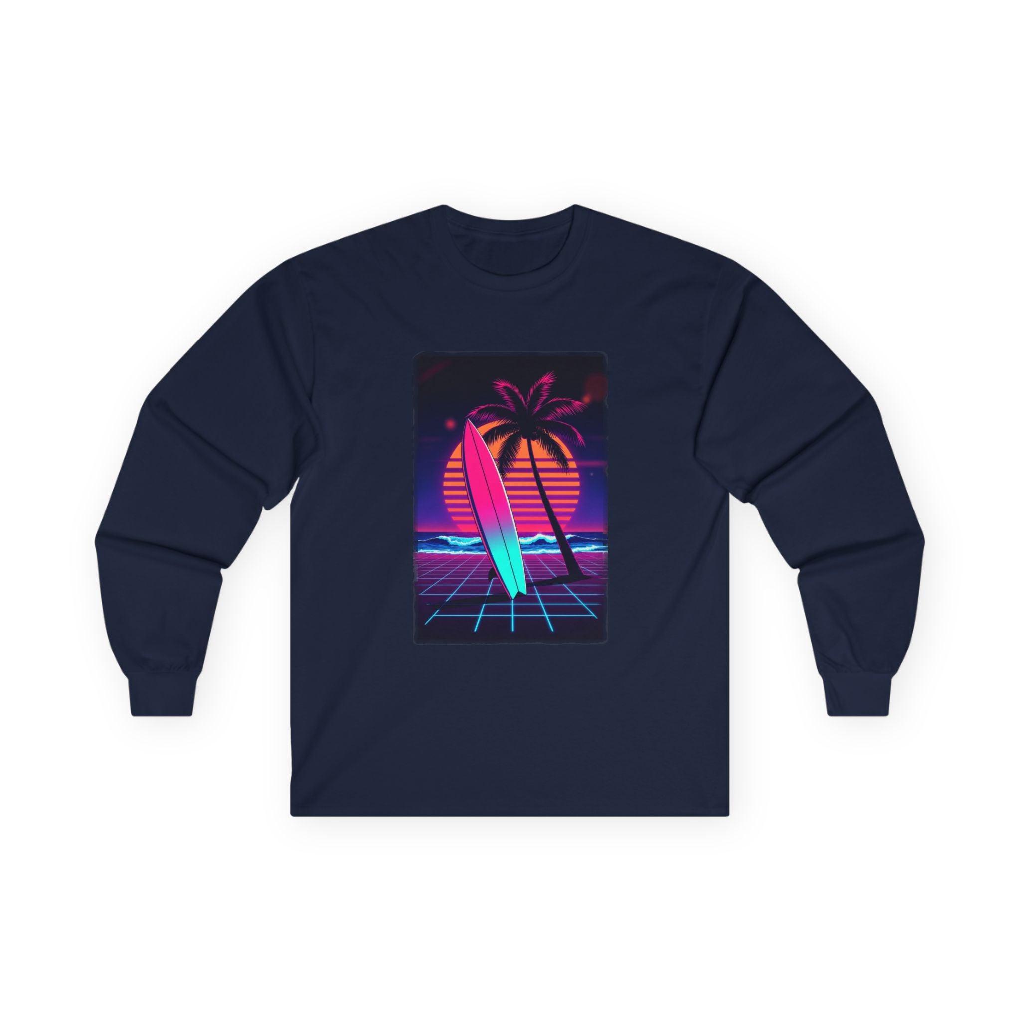 Retro Surf Long Sleeve Tee – Neon Palm Sunset Surfboard Graphic