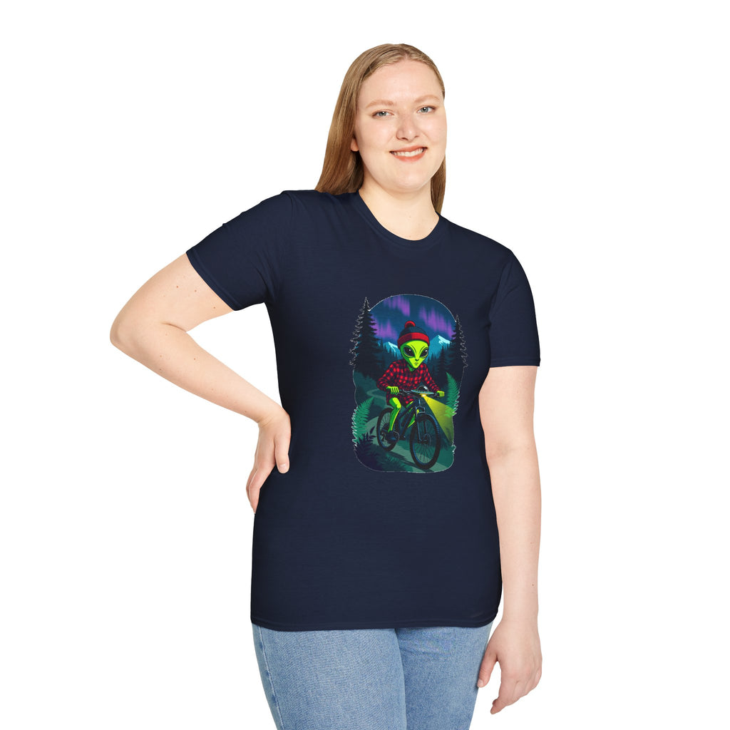 Alien Mountain Biker T-Shirt — Neon Night Forest Cycling Graphic Tee