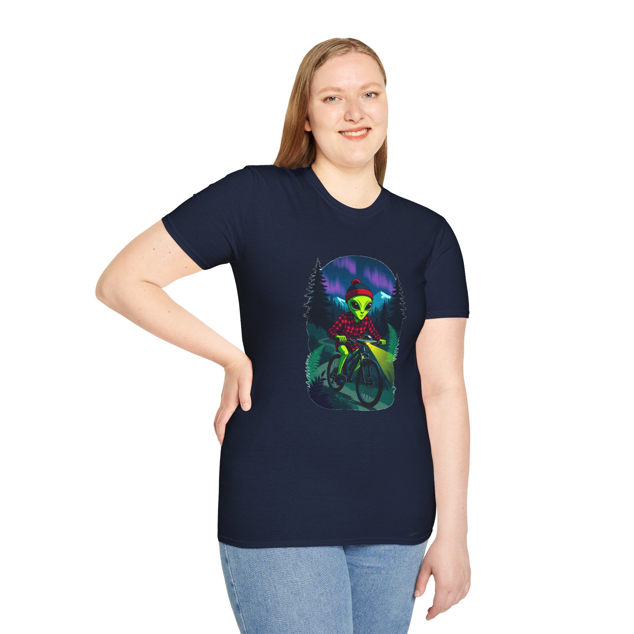 Alien Mountain Biker T-Shirt — Neon Night Forest Cycling Graphic Tee