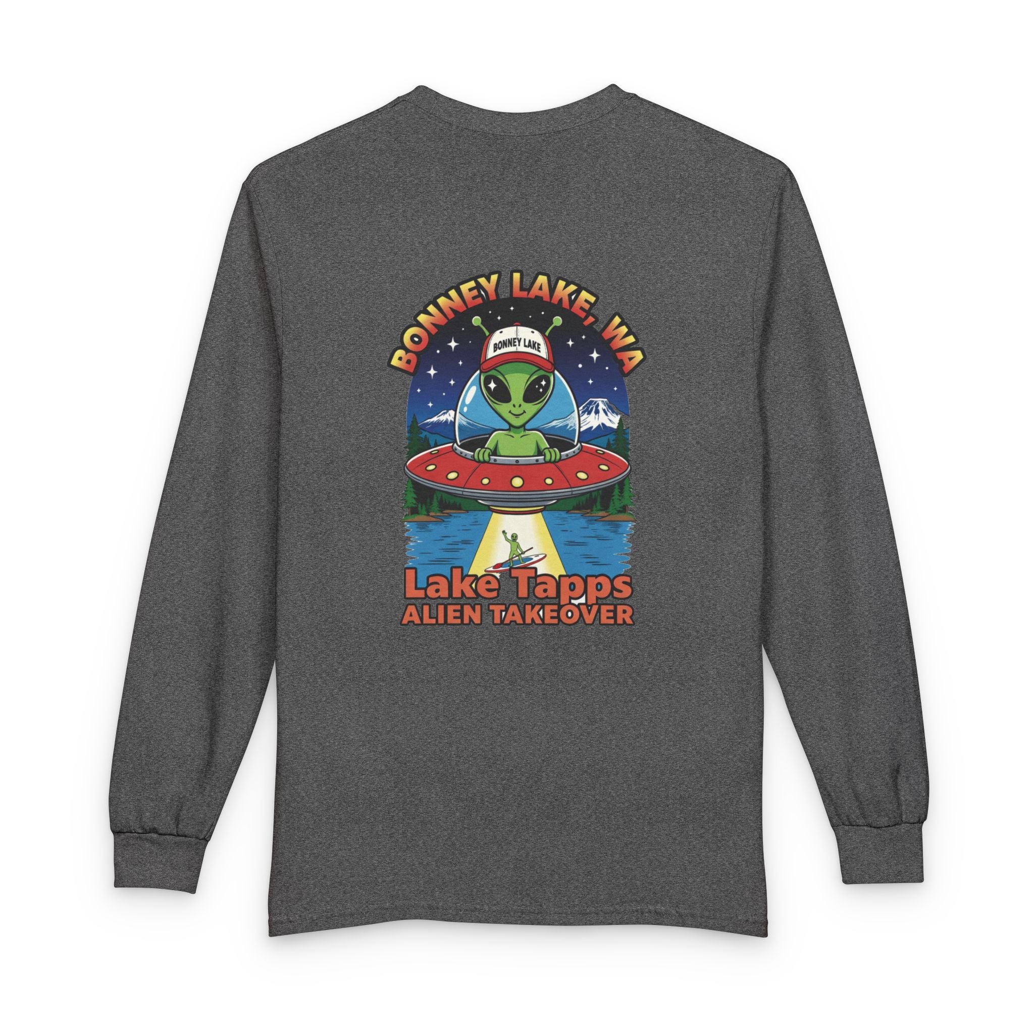 Alien UFO Long Sleeve T-Shirt — Donney Lake, WA "Lake Tapps Alien Takeover" Tourist Tee
