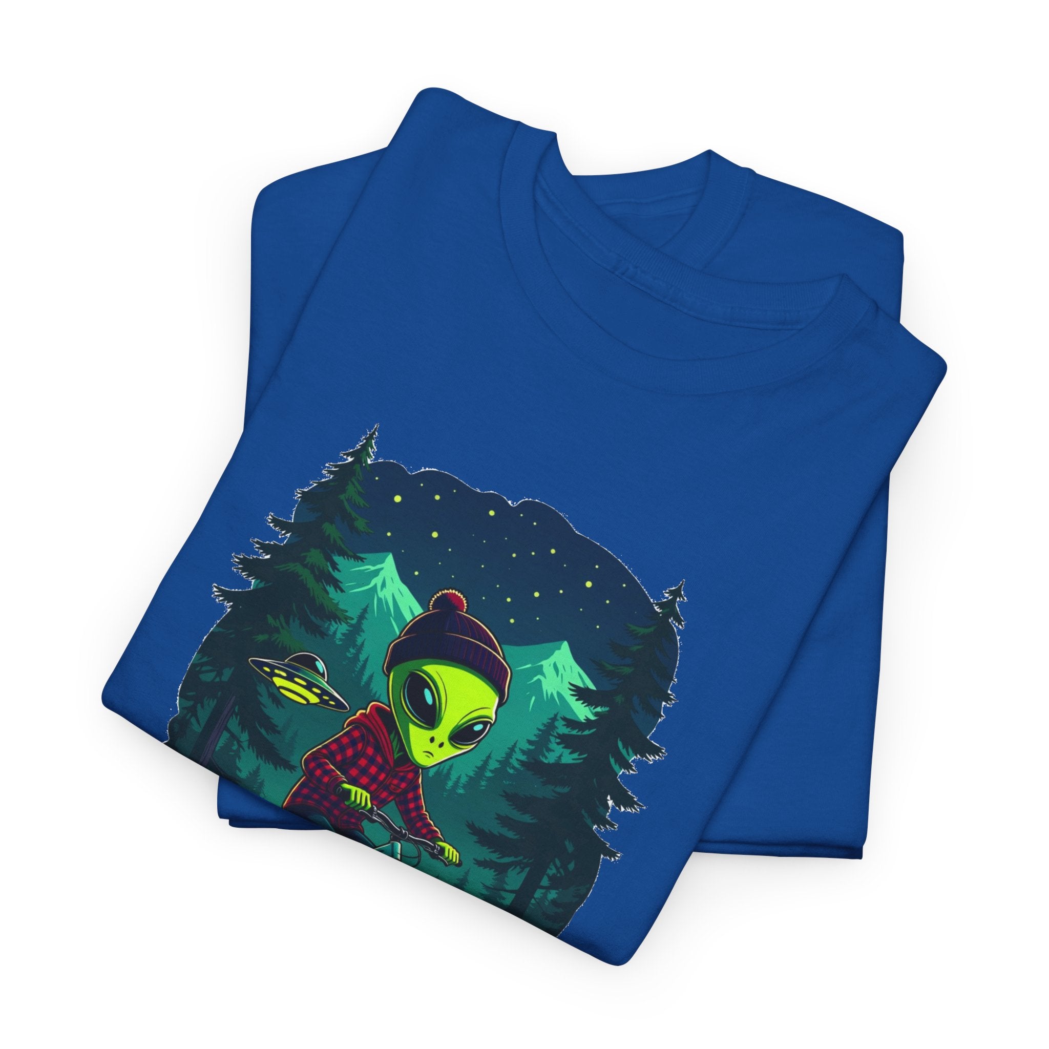 Alien Mountain Biking T-Shirt — Neon Forest Cyclist Graphic Tee