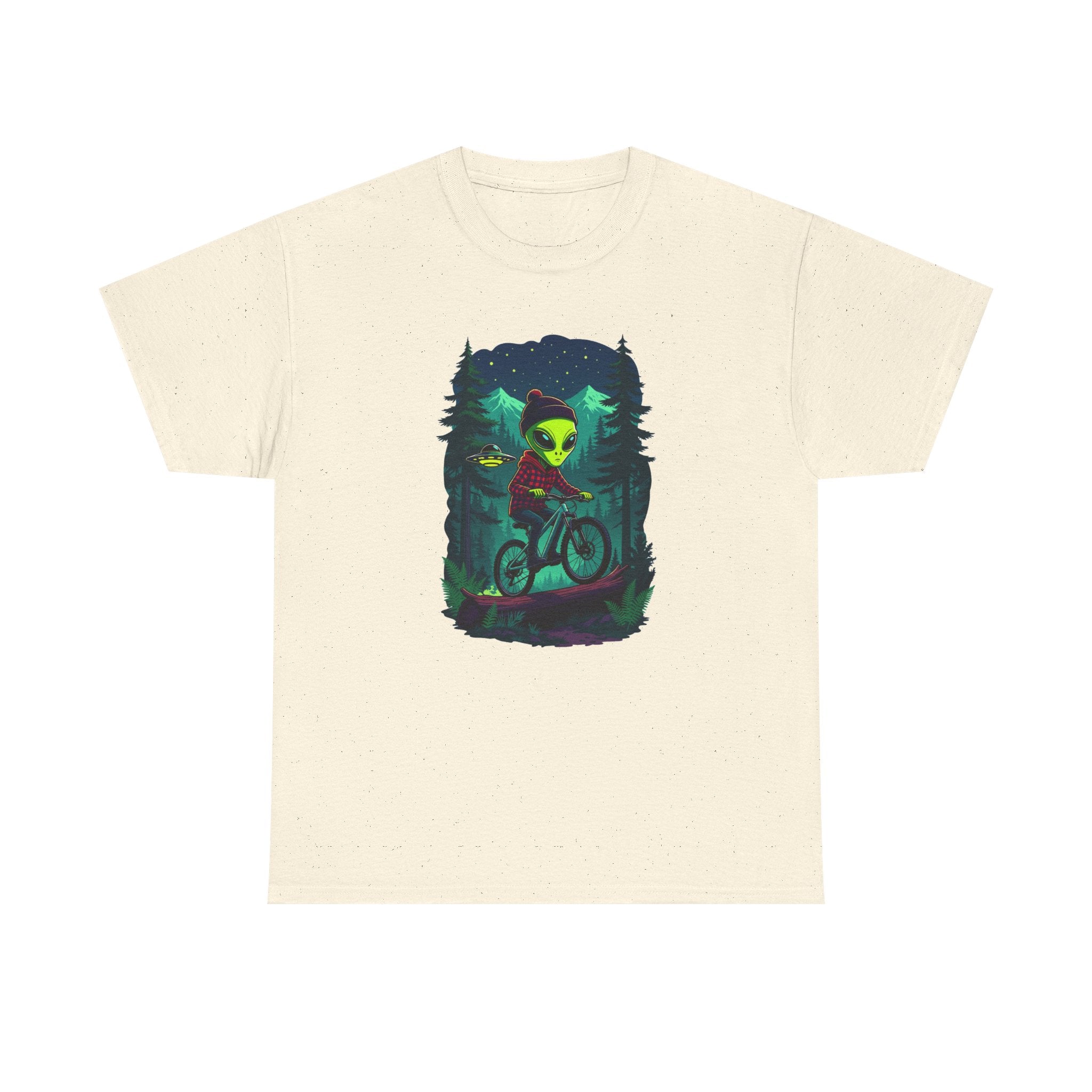 Alien Mountain Biking T-Shirt — Neon Forest Cyclist Graphic Tee