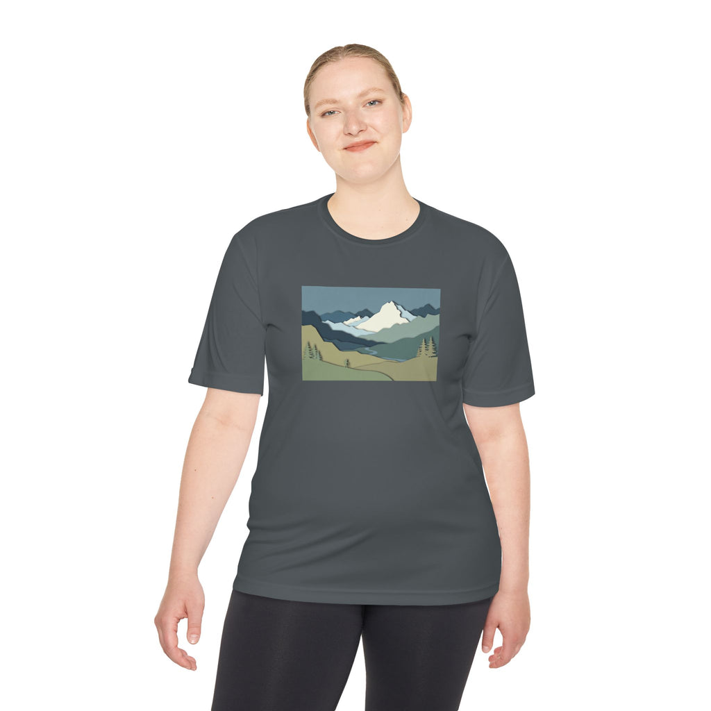 Mountain Landscape Performance Tee — Scenic Outdoor Graphic Shirt