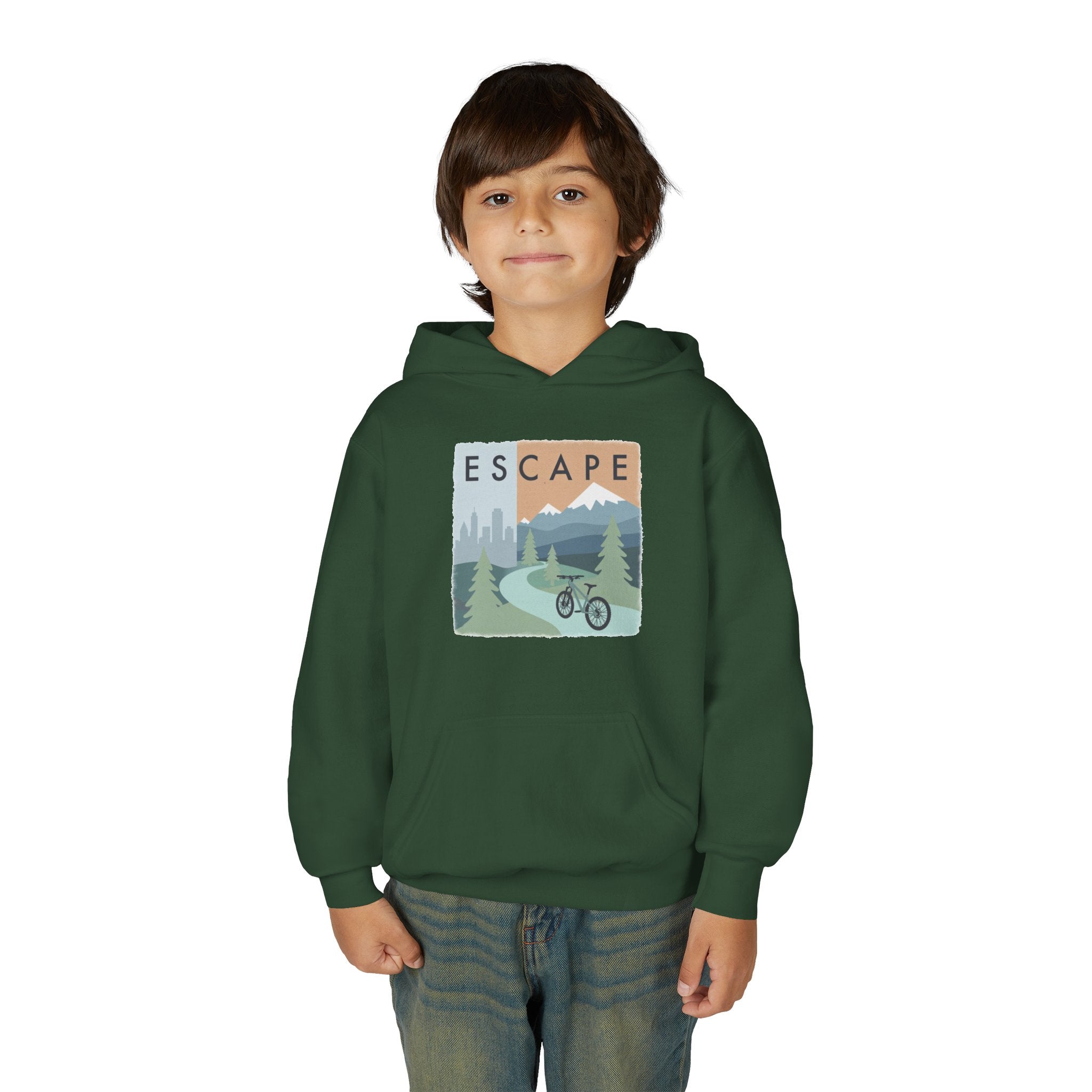 Escape to the Mountains Kids Hoodie — Mountain Retreat Graphic Sweatshirt
