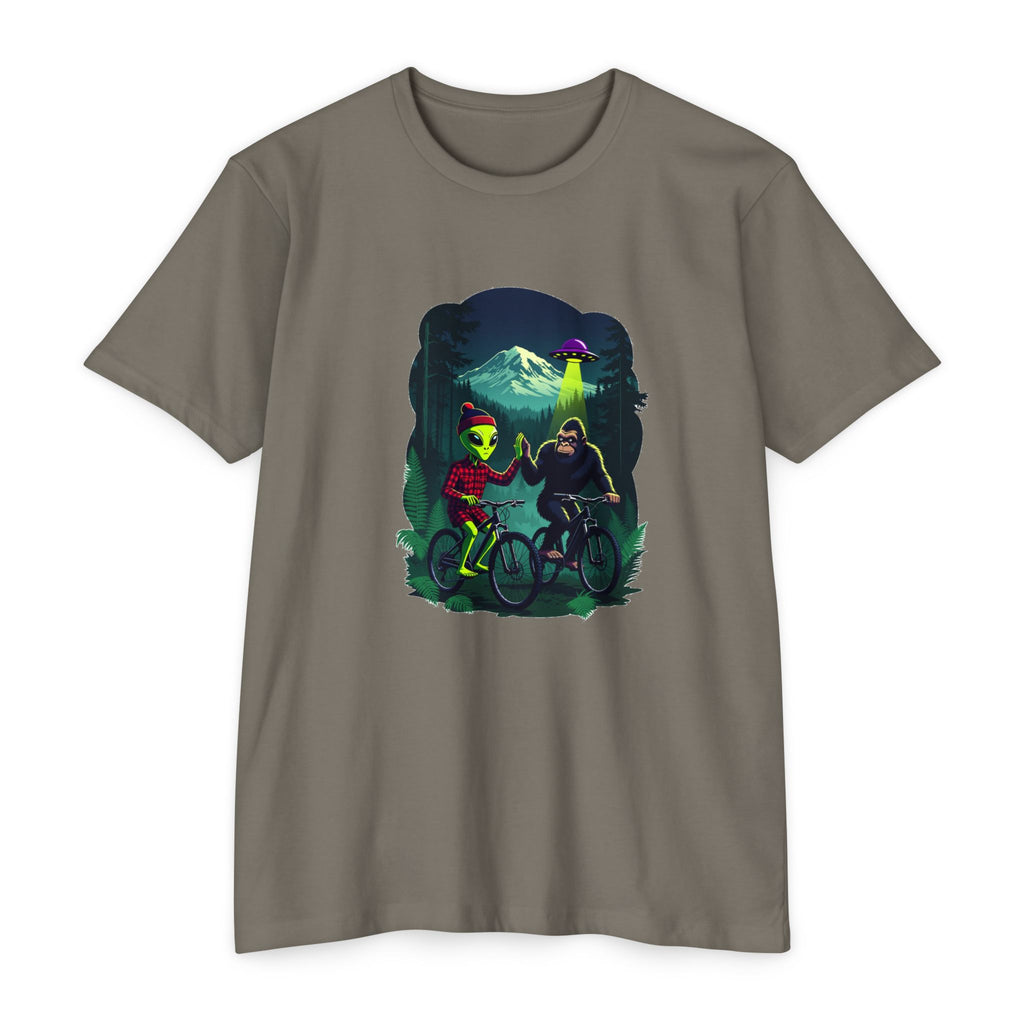 Alien & Sasquatch Night Ride T-Shirt — Retro UFO Biking Graphic Tee