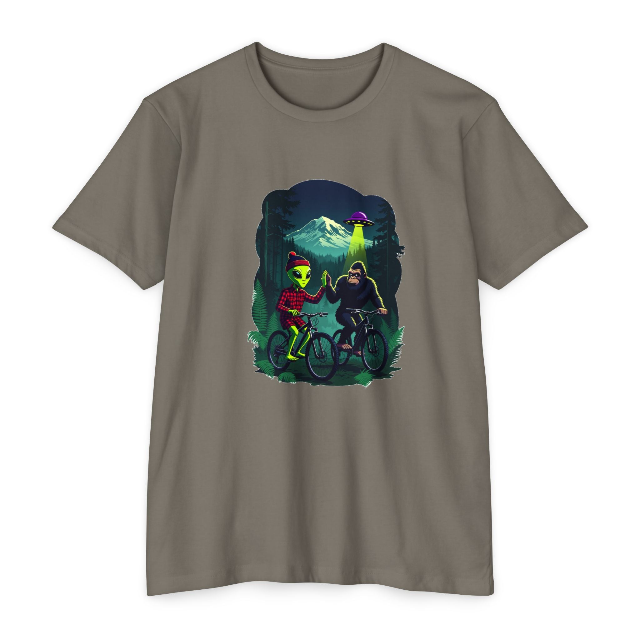 Alien & Sasquatch Night Ride T-Shirt — Retro UFO Biking Graphic Tee