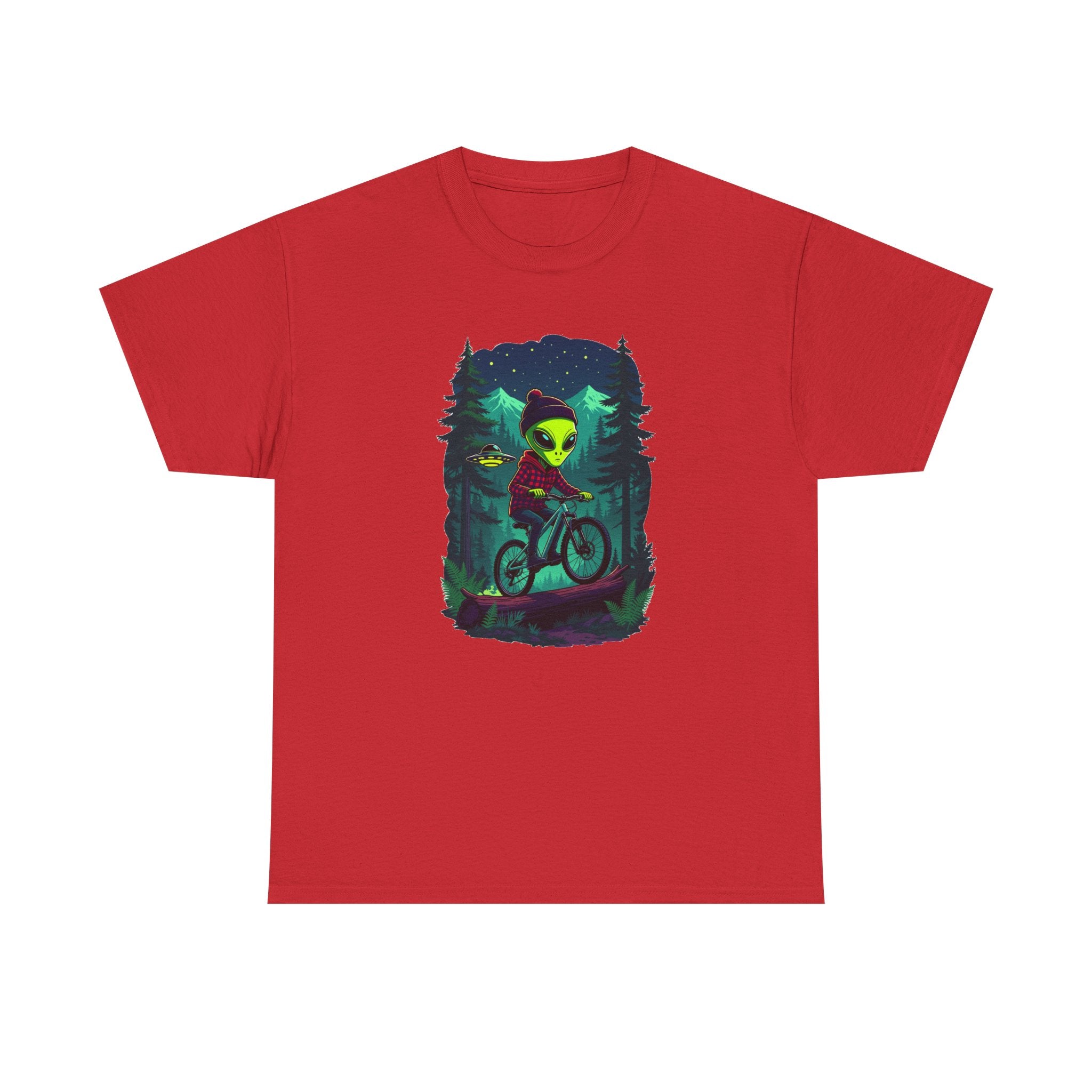 Alien Mountain Biking T-Shirt — Neon Forest Cyclist Graphic Tee