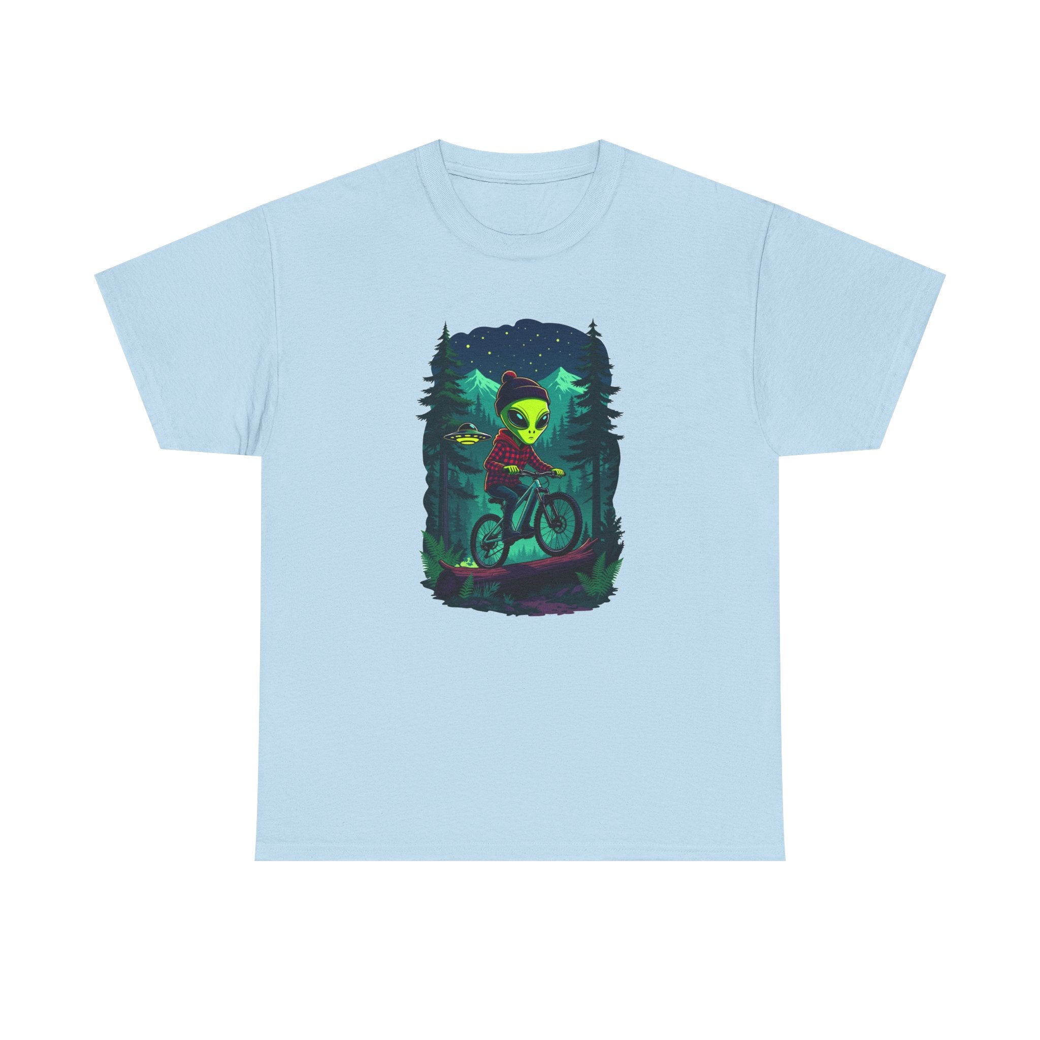 Alien Mountain Biking T-Shirt — Neon Forest Cyclist Graphic Tee
