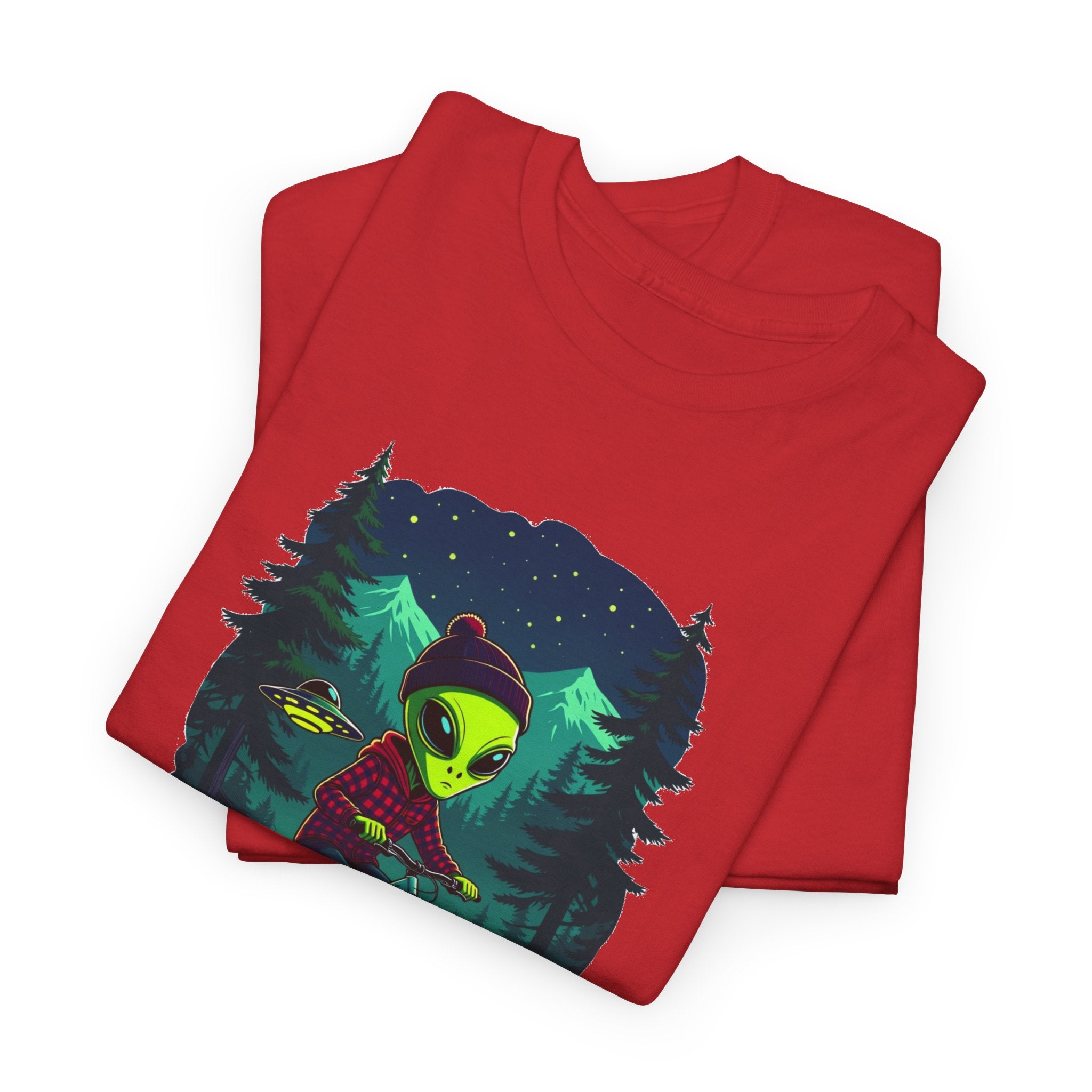 Alien Mountain Biking T-Shirt — Neon Forest Cyclist Graphic Tee