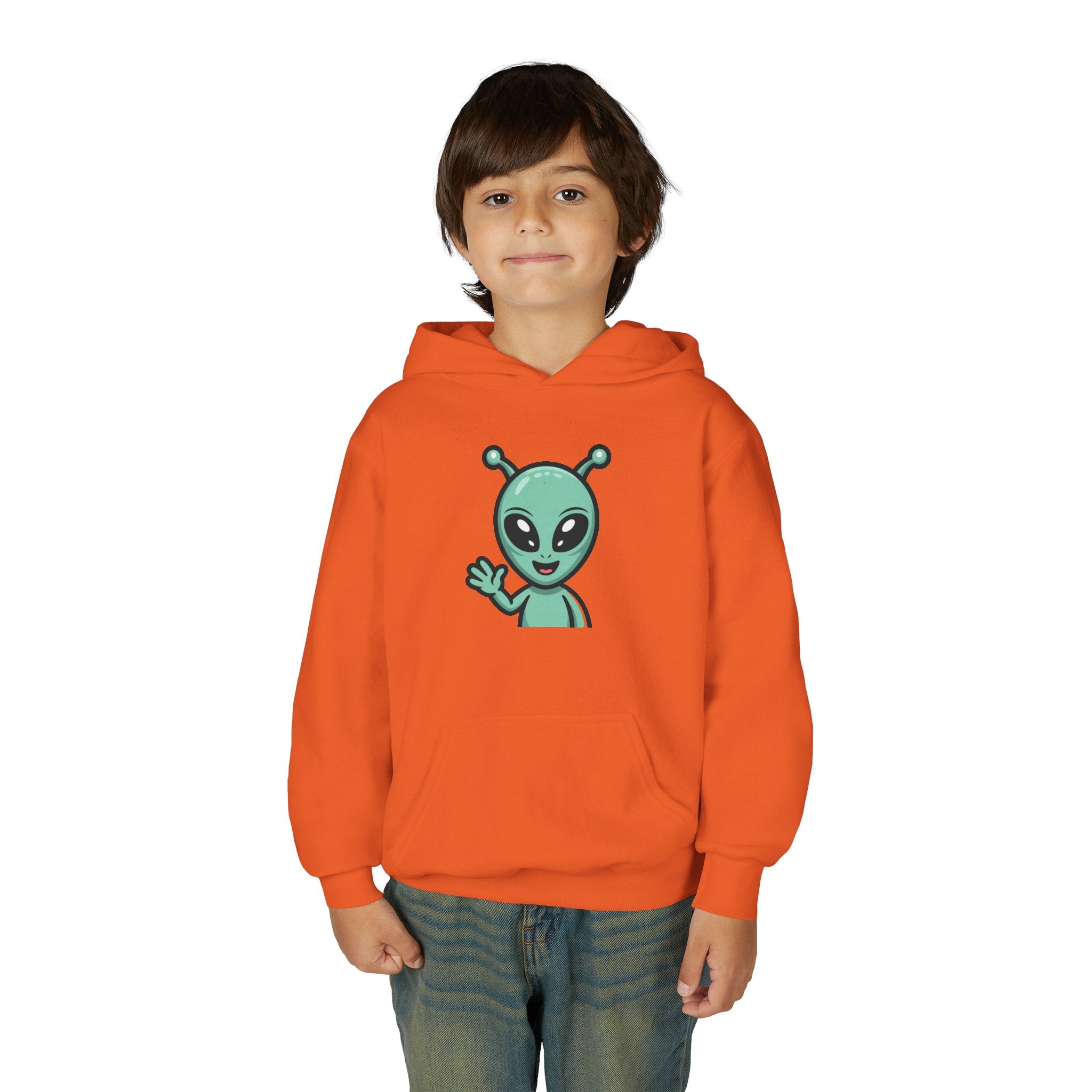 Youth Alien Hoodie – Cute Waving Green Alien Kids Sweatshirt