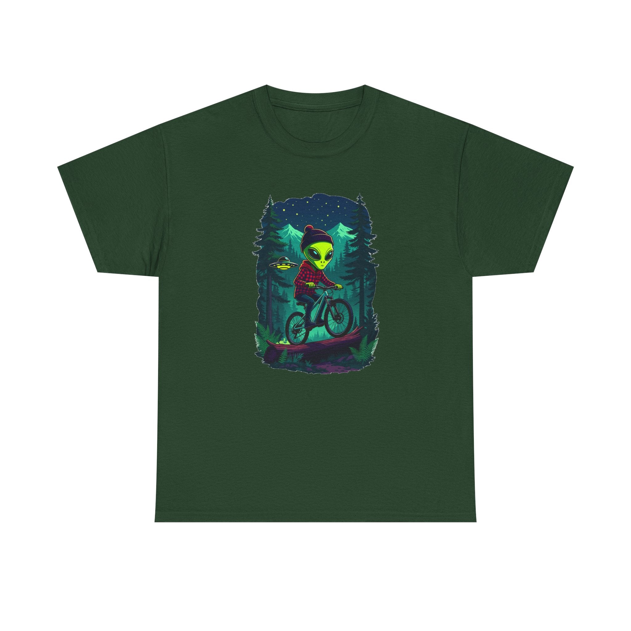 Alien Mountain Biking T-Shirt — Neon Forest Cyclist Graphic Tee