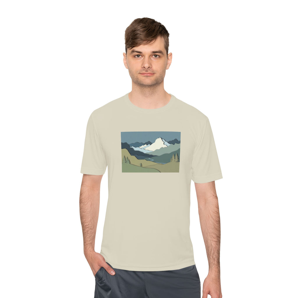 Mountain Landscape Performance Tee — Scenic Outdoor Graphic Shirt