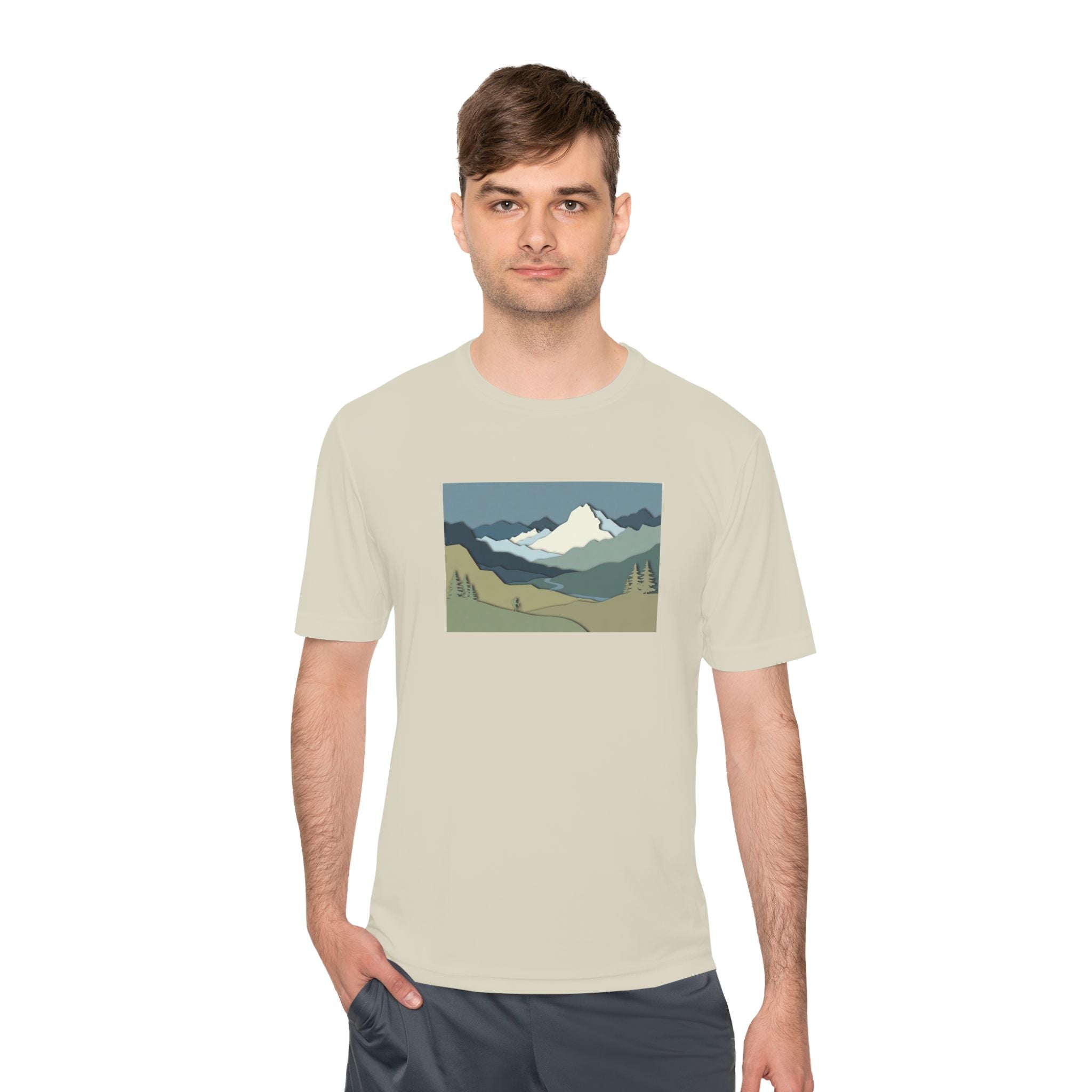 Mountain Landscape Performance Tee — Scenic Outdoor Graphic Shirt