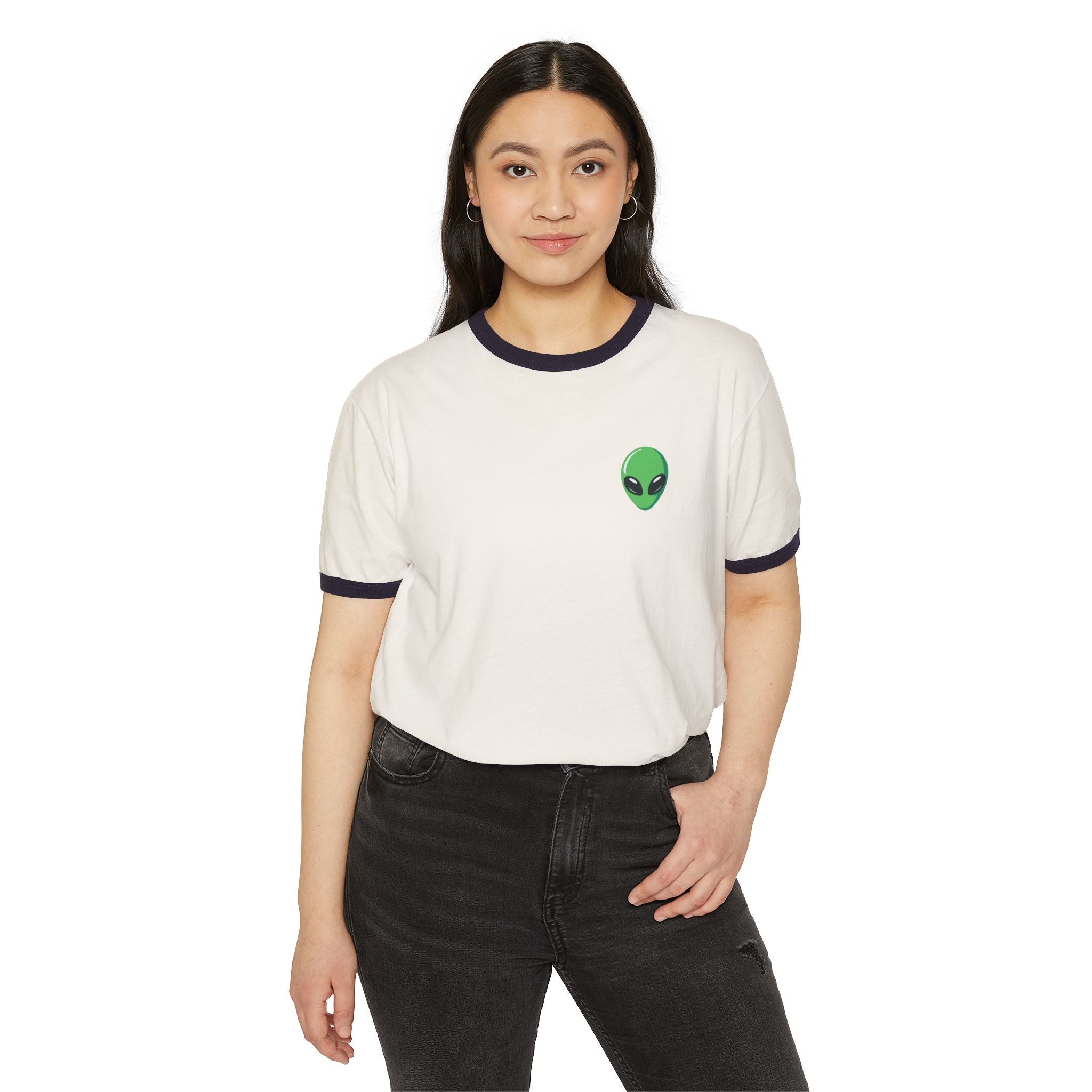 Alien Head Ringer Tee — Retro Green UFO Graphic T-Shirt