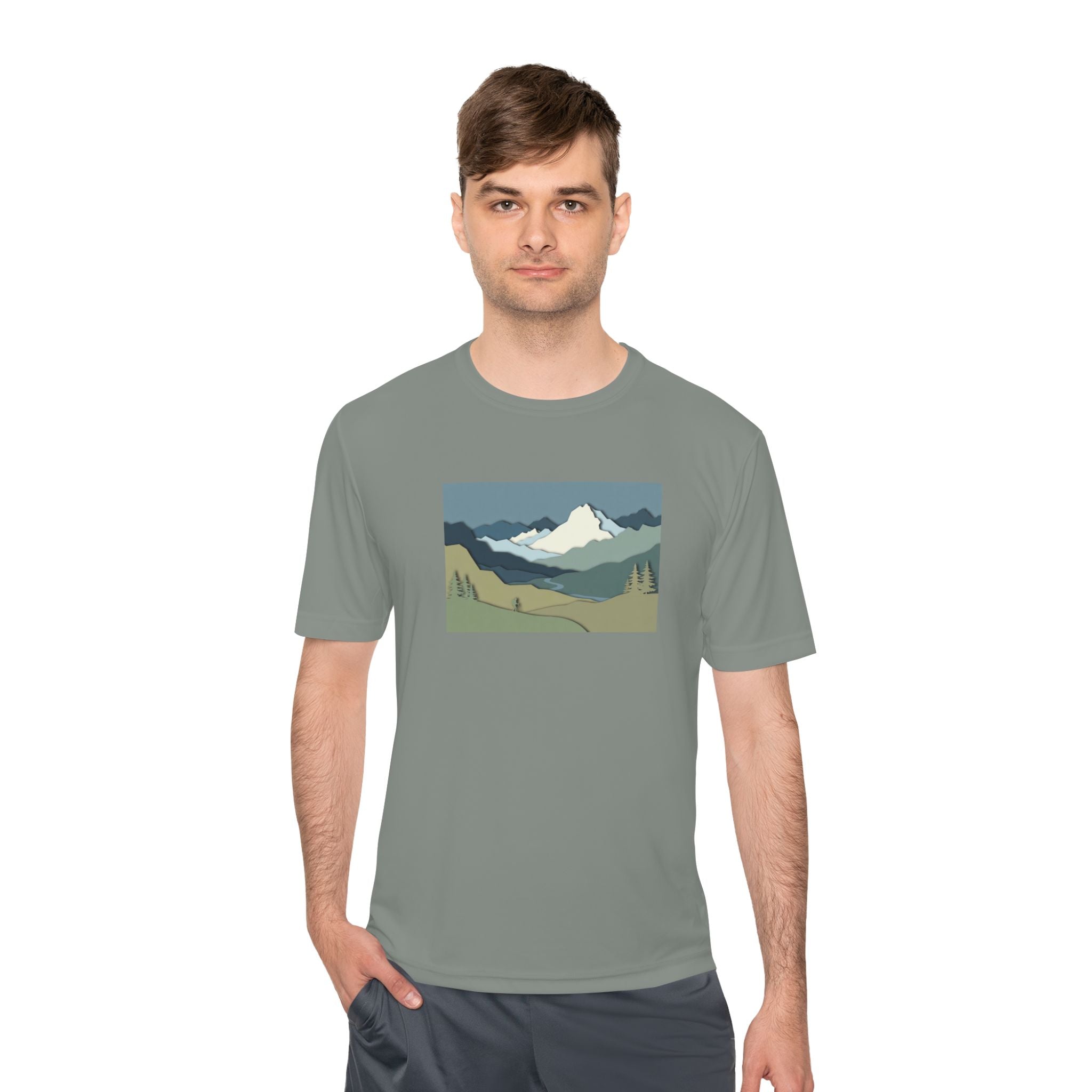 Mountain Landscape Performance Tee — Scenic Outdoor Graphic Shirt