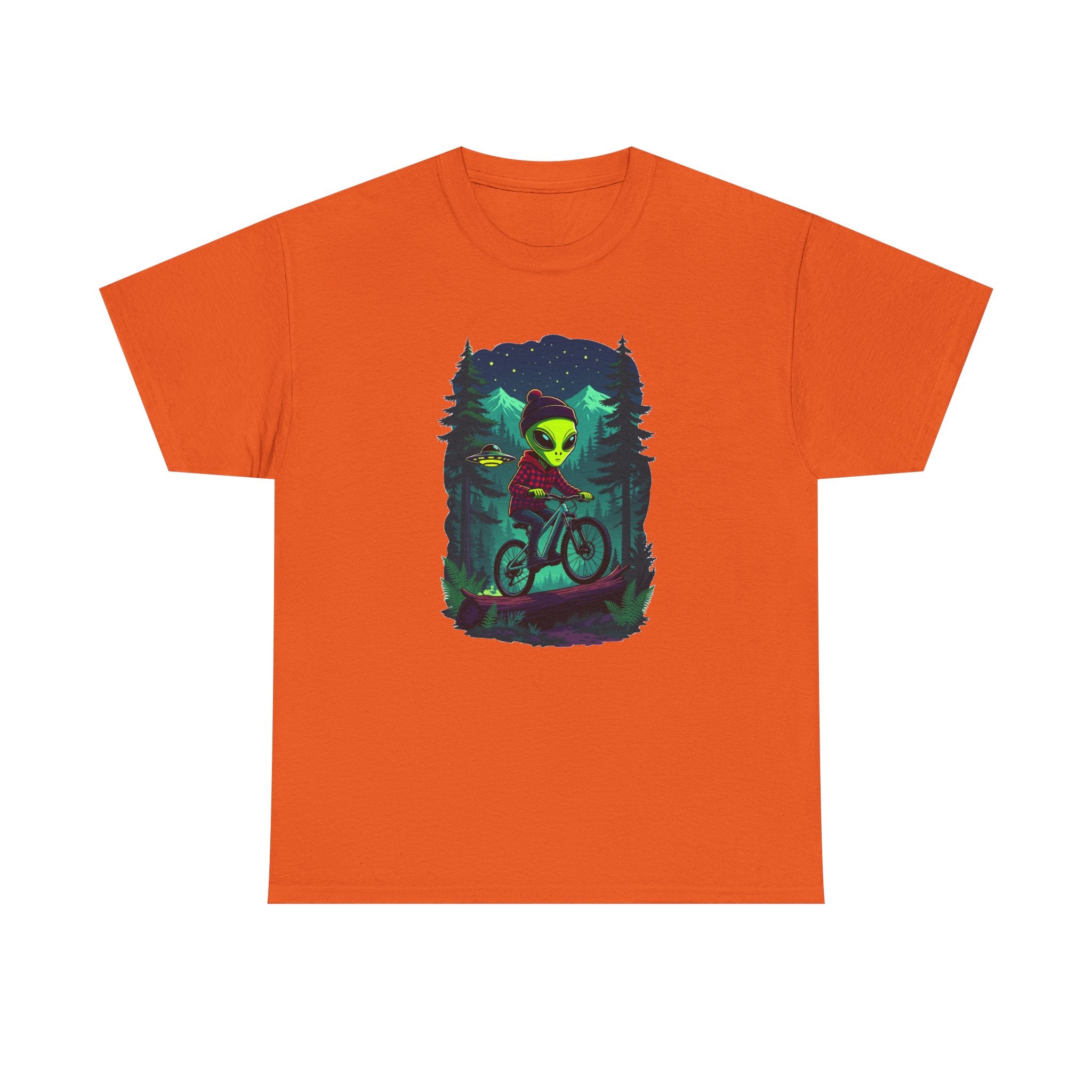 Alien Mountain Biking T-Shirt — Neon Forest Cyclist Graphic Tee