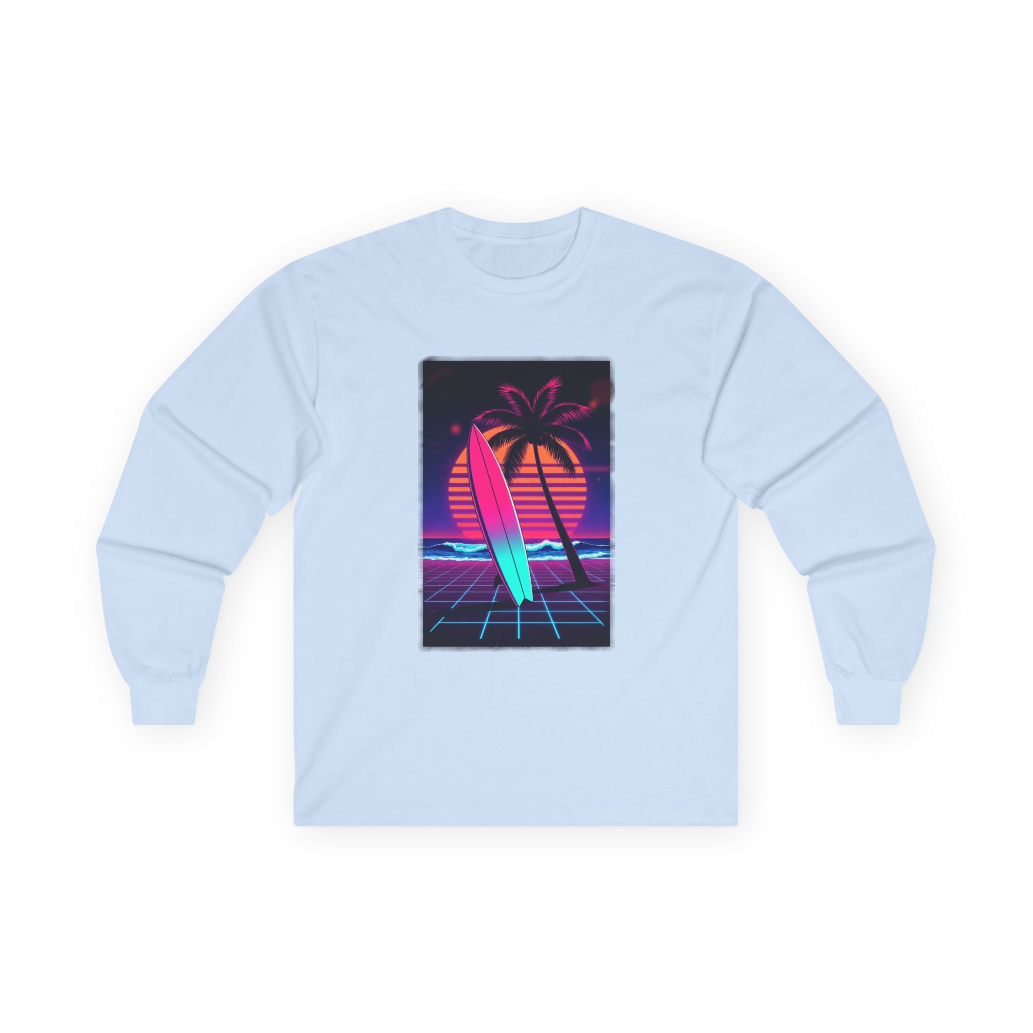 Retro Surf Long Sleeve Tee – Neon Palm Sunset Surfboard Graphic