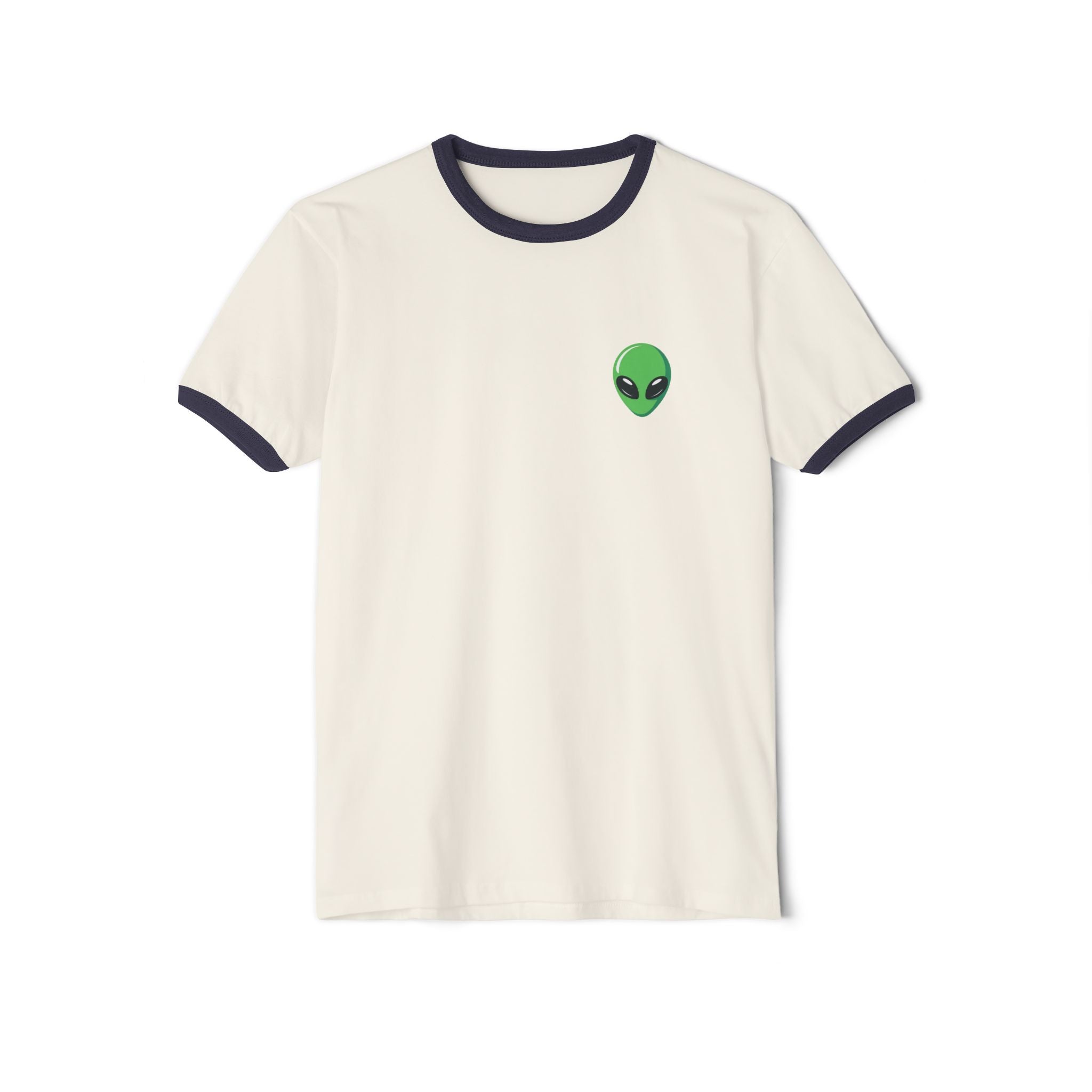 Alien Head Ringer Tee — Retro Green UFO Graphic T-Shirt