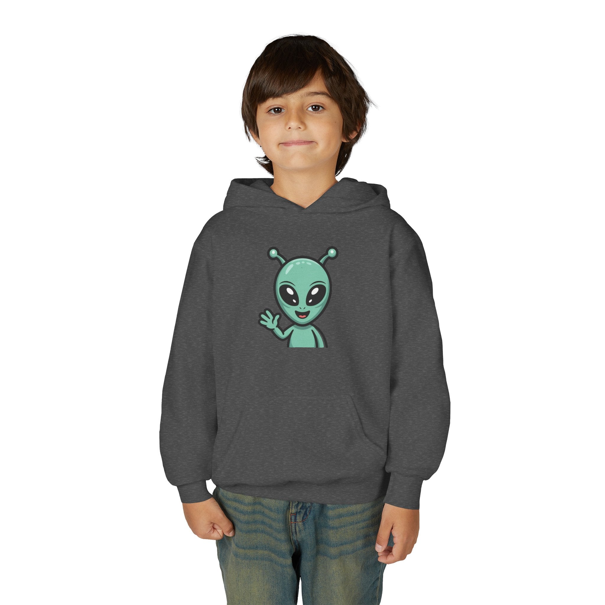 Youth Alien Hoodie – Cute Waving Green Alien Kids Sweatshirt