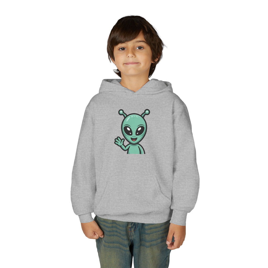 Youth Alien Hoodie – Cute Waving Green Alien Kids Sweatshirt