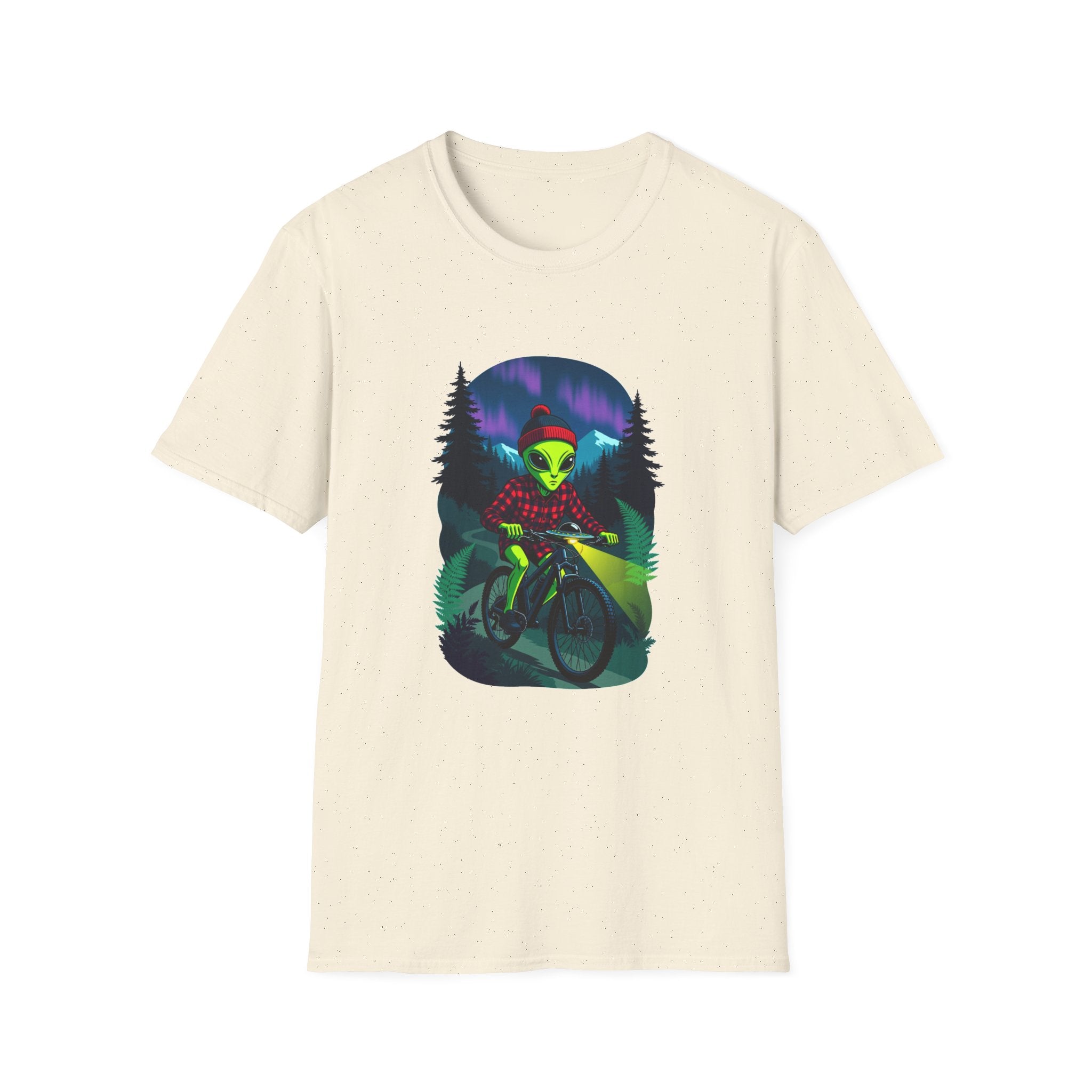 Alien Mountain Biker T-Shirt — Neon Night Forest Cycling Graphic Tee