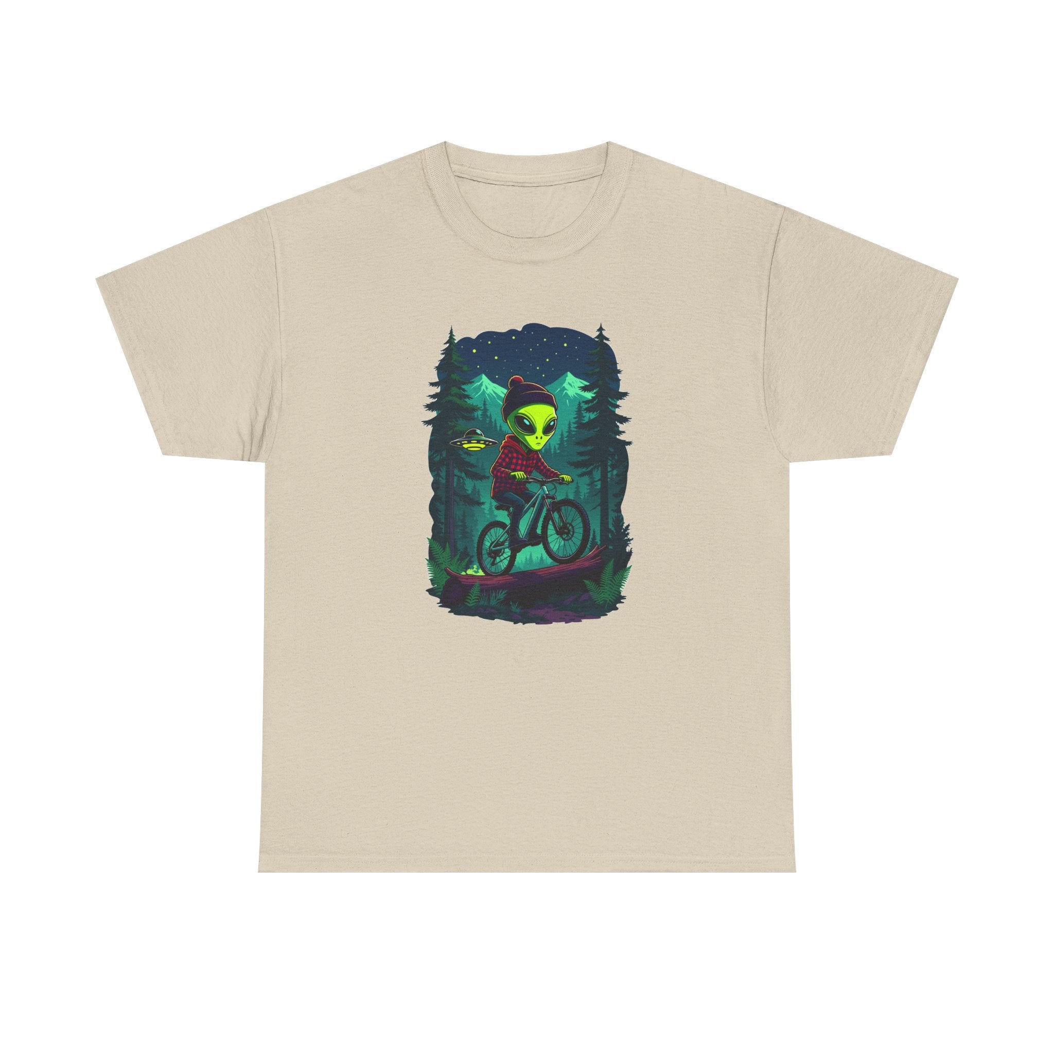 Alien Mountain Biking T-Shirt — Neon Forest Cyclist Graphic Tee