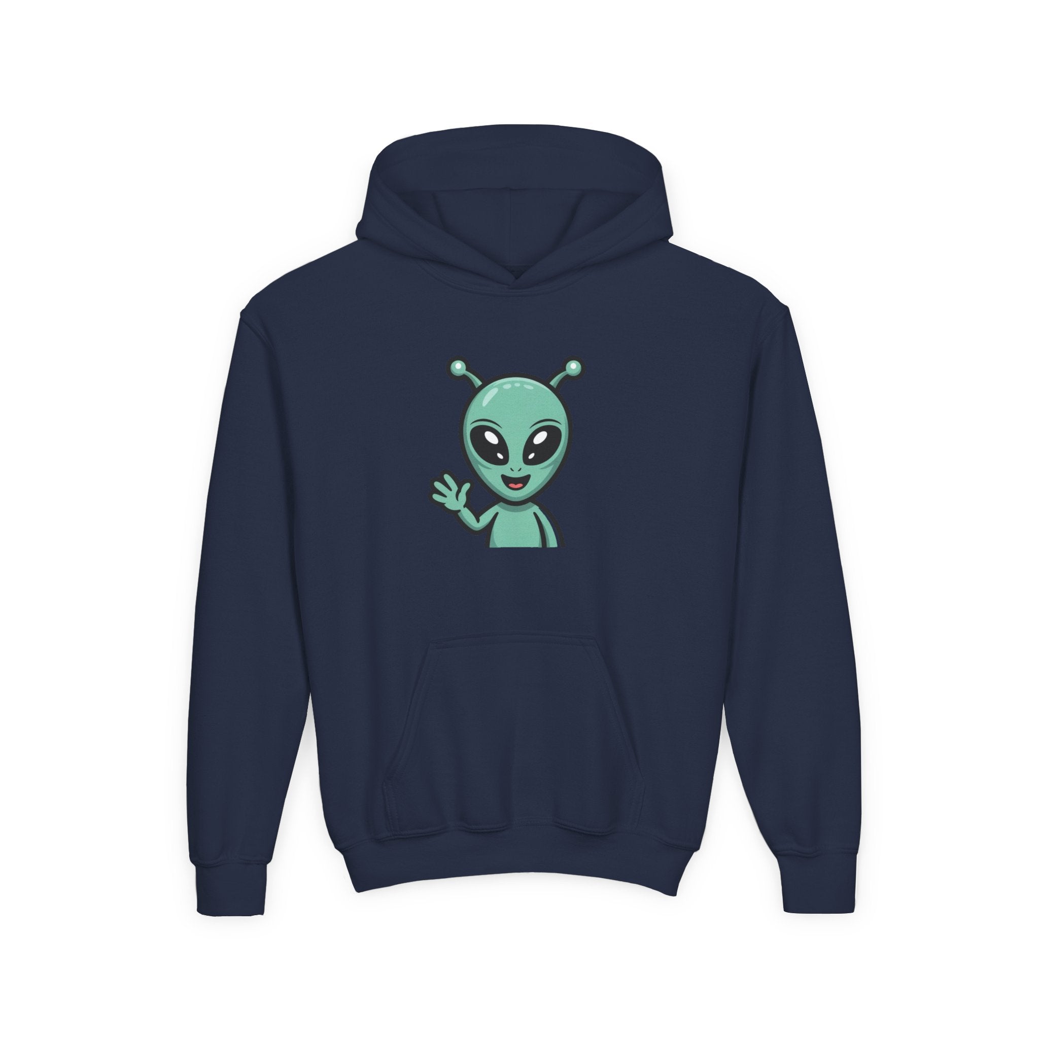 Youth Alien Hoodie – Cute Waving Green Alien Kids Sweatshirt