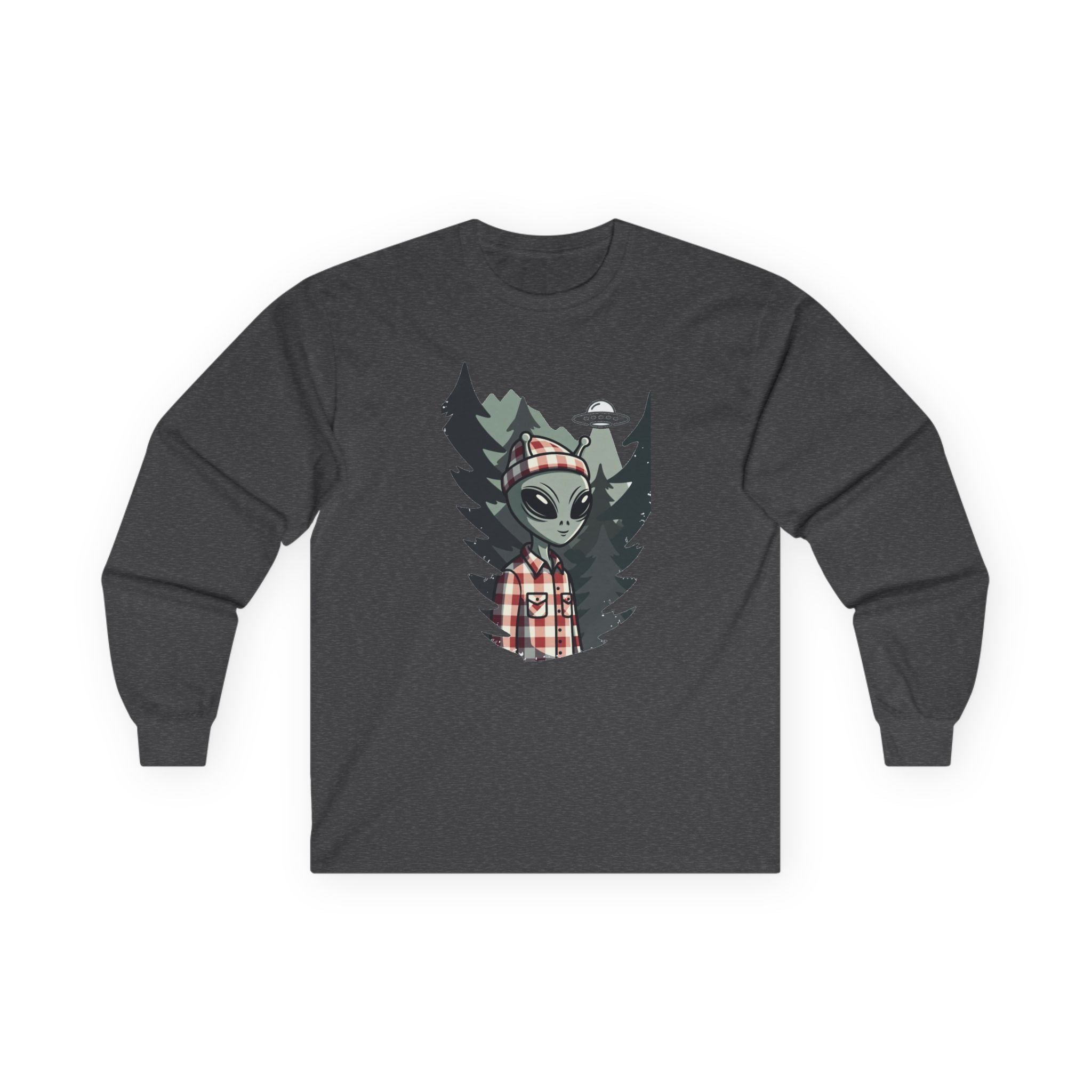 Alien Lumberjack Long Sleeve Tee — Forest UFO Graphic