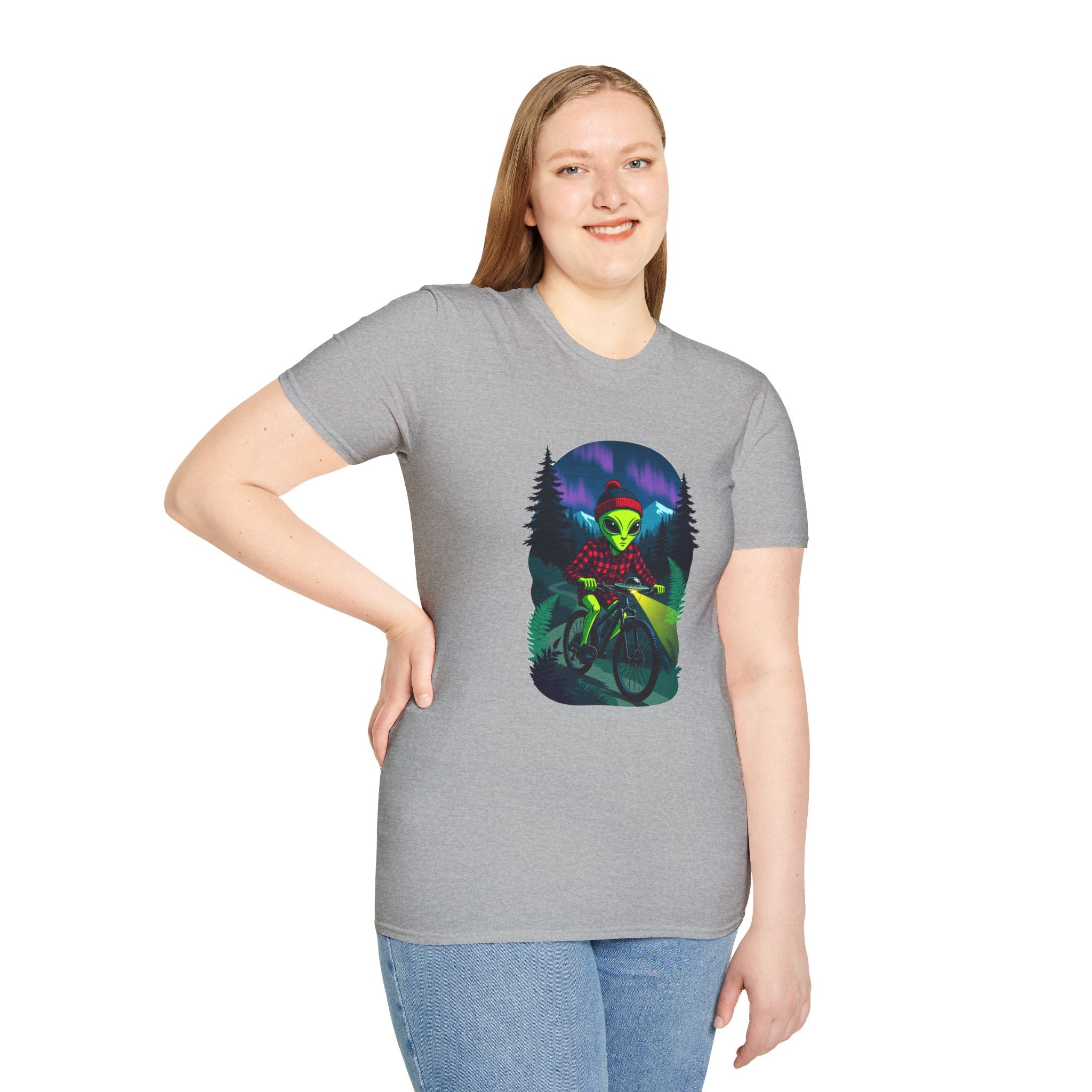 Alien Mountain Biker T-Shirt — Neon Night Forest Cycling Graphic Tee