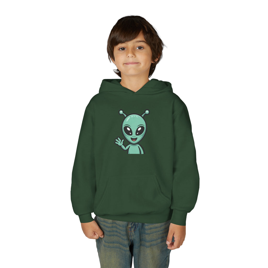 Youth Alien Hoodie – Cute Waving Green Alien Kids Sweatshirt