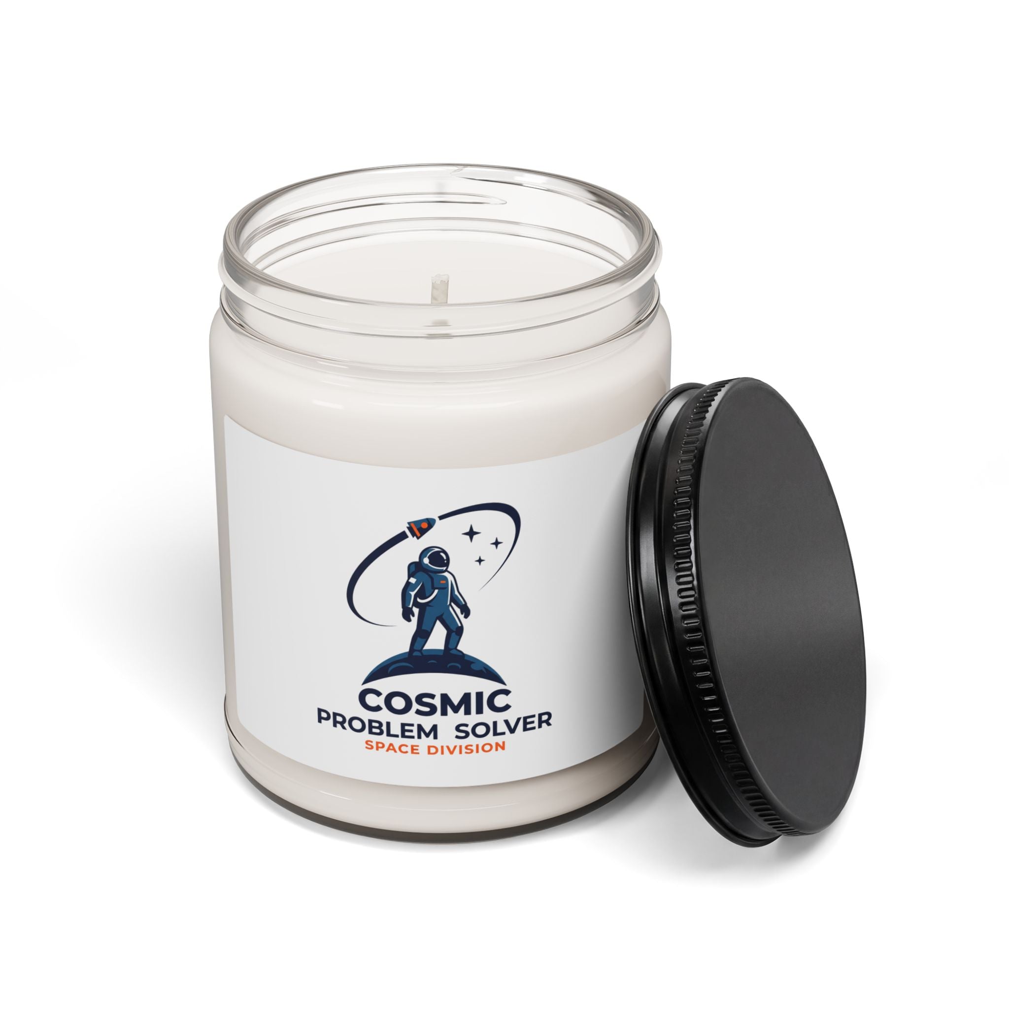 Cosmic Problem Solver Soy Candle, space mission patch, science nerd