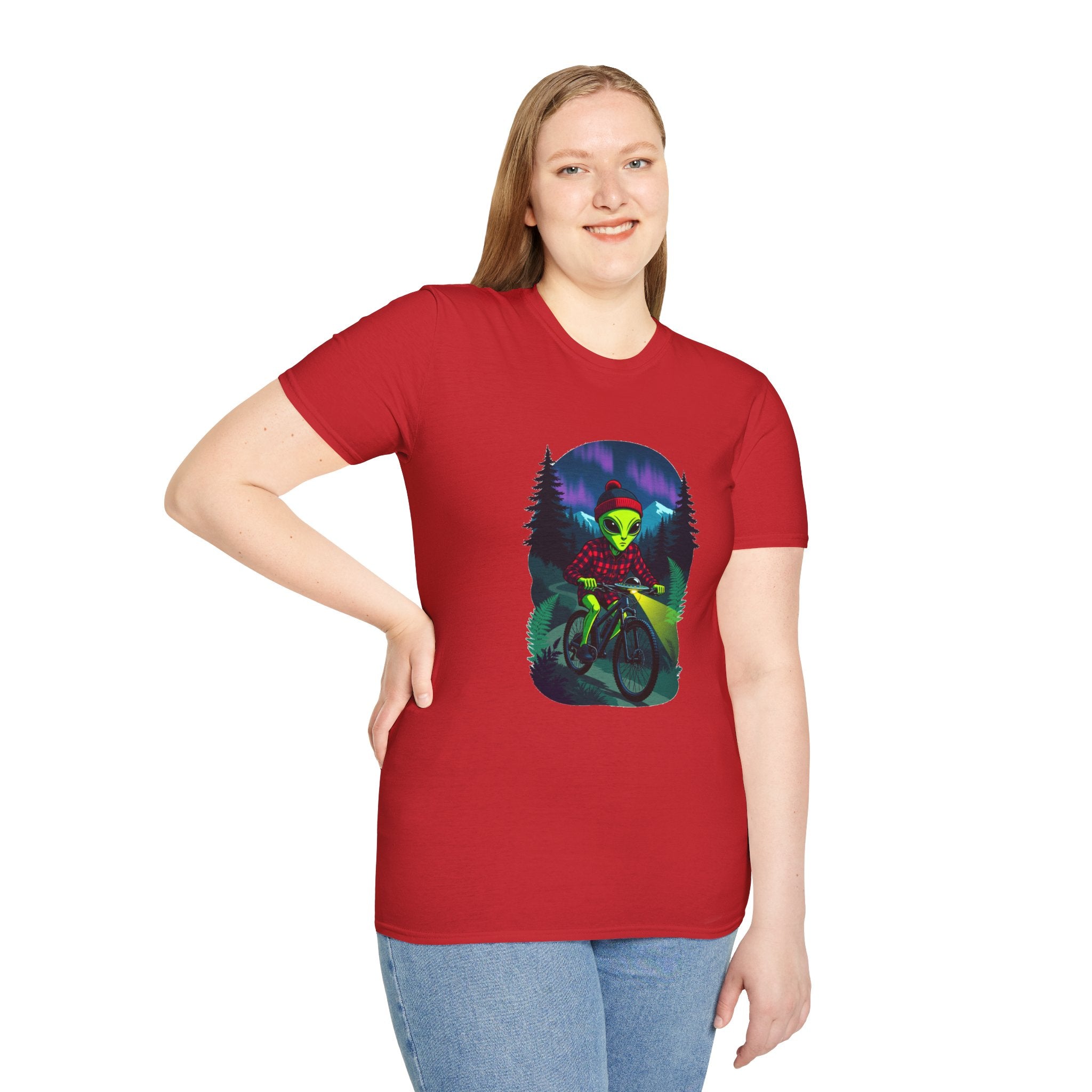 Alien Mountain Biker T-Shirt — Neon Night Forest Cycling Graphic Tee