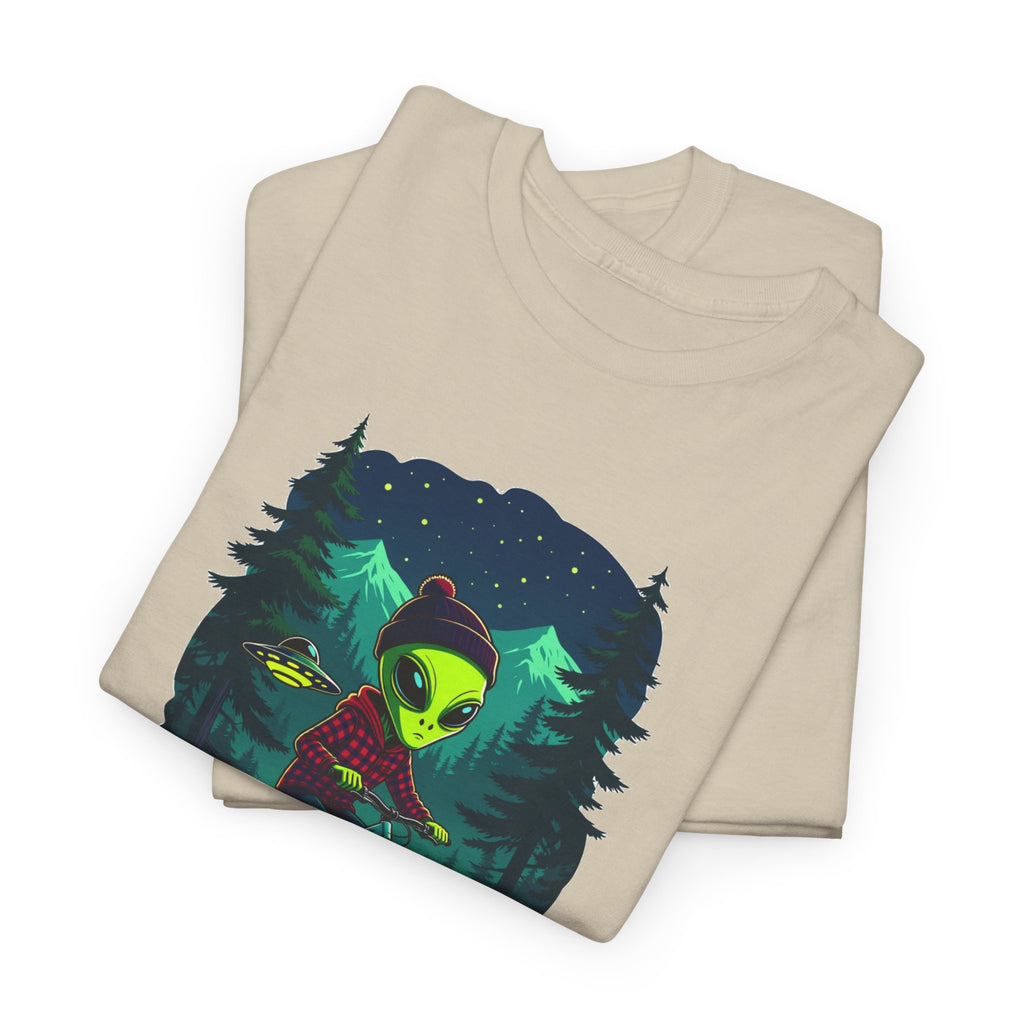 Alien Mountain Biking T-Shirt — Neon Forest Cyclist Graphic Tee