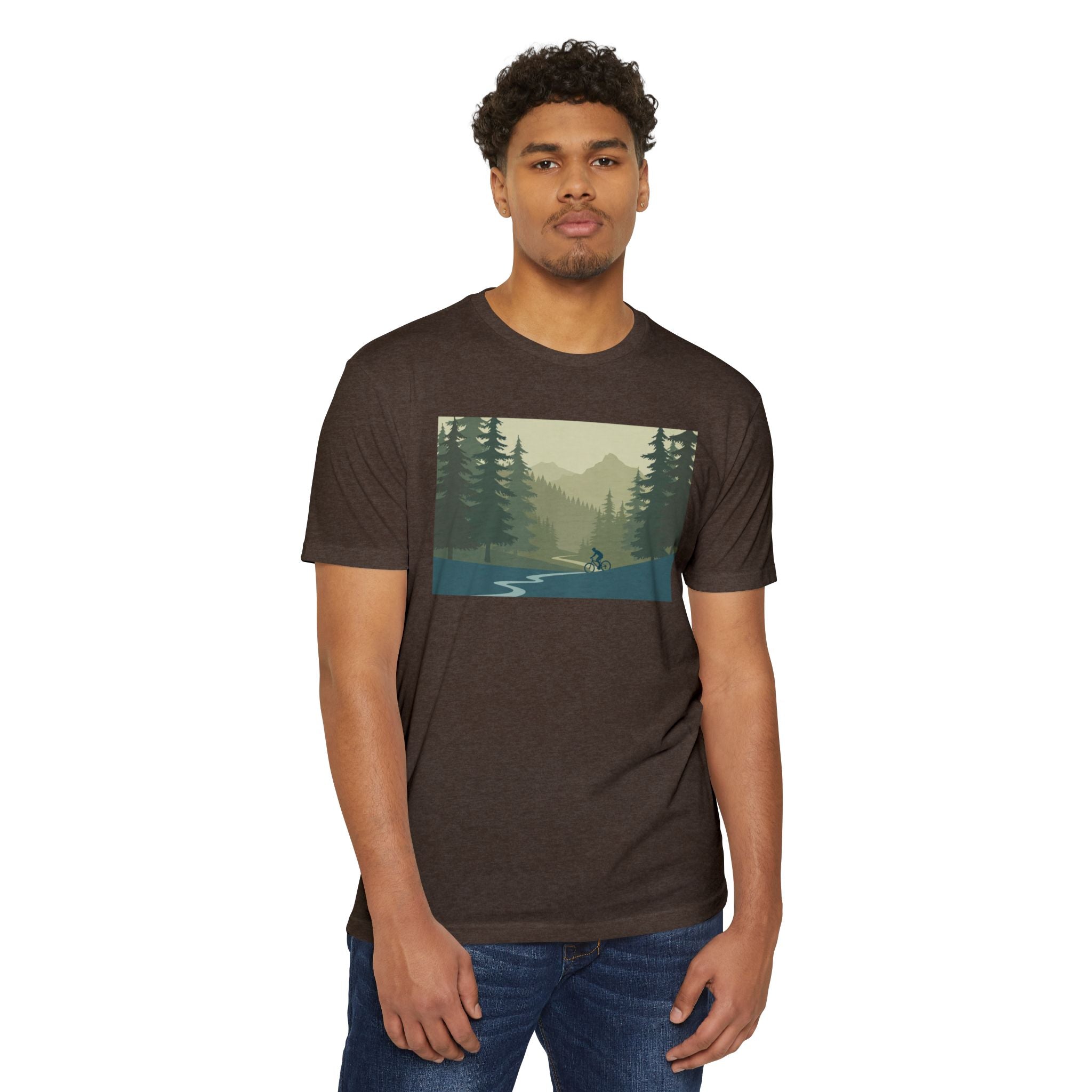 Mountain Biking Graphic T-Shirt — Scenic Forest Trail Design